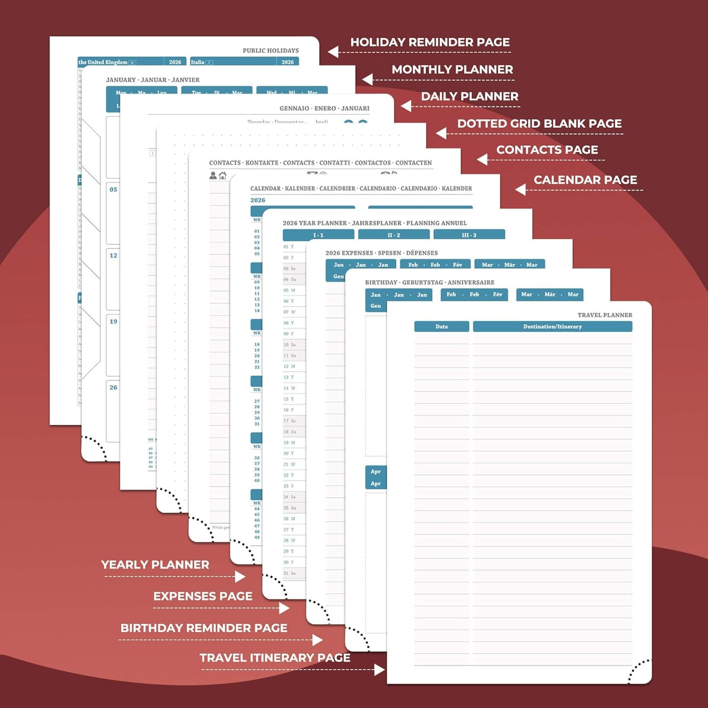Daily Planner 2026 with One Page Per Day,(A5-8.5" x 5.9"),12 Months Calendar Hourly Appointment Book Monthly Tabs & Self-adhesive Pen Holder,Inner Pocket, Vegan Leather Hardback,Red