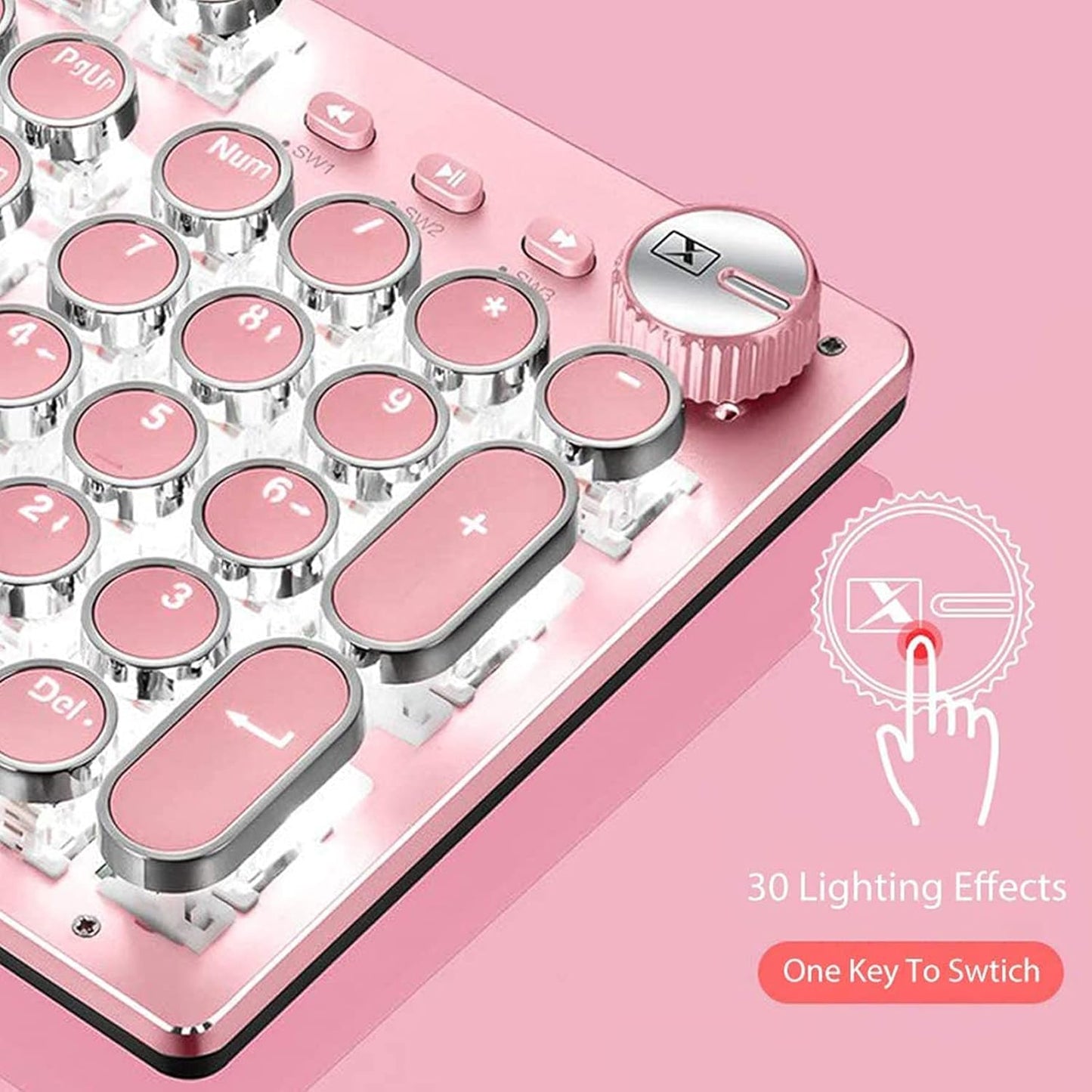 Basaltech Mechanical Gaming Keyboard and Mouse Combo, Retro Steampunk Vintage Typewriter-Style Keyboard with LED Backlit, 104-Key Anti-Ghosting Blue Switch Wired USB Metal Panel Round Keycaps, Pink