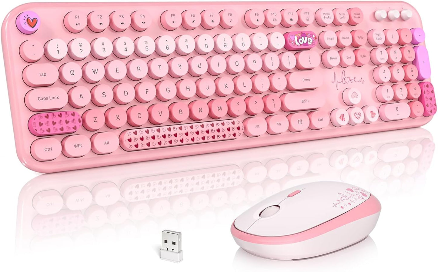 MOFII Wireless Keyboard and Mouse Combo, Cute Keyboard Full Size and Wireless Mouse, 2.4GHz Retro Typewriter Keyboard Wireless Mouse Set for PC/Desktop/Laptop/Windows (Pink Colorful)