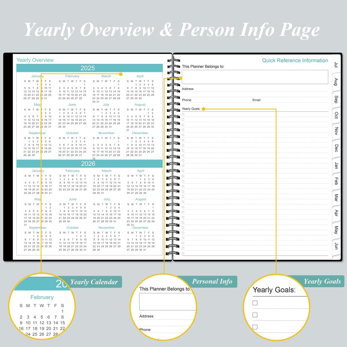 2025-2026 Monthly Planner - 18 Monthly Calendar, July 2025 - December 2026, Two Pages Per Month, 9" x11" Planner with Tabs, Strong Twin-Wire Binding, Inner Pocket, Black