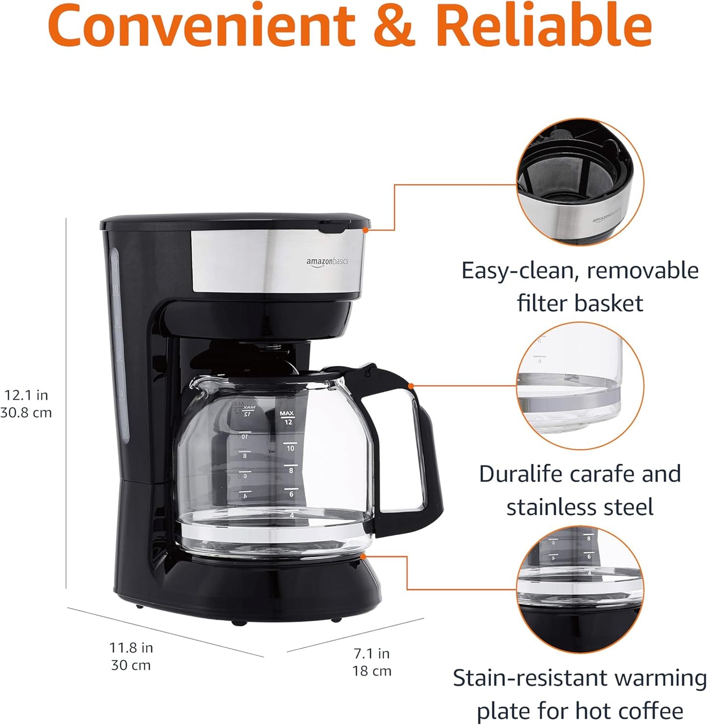 Amazon Basics Coffee Makers, 12-Cup Coffee Machines with Reusable Filter, Coffee Pots, Black & Stainless Steel