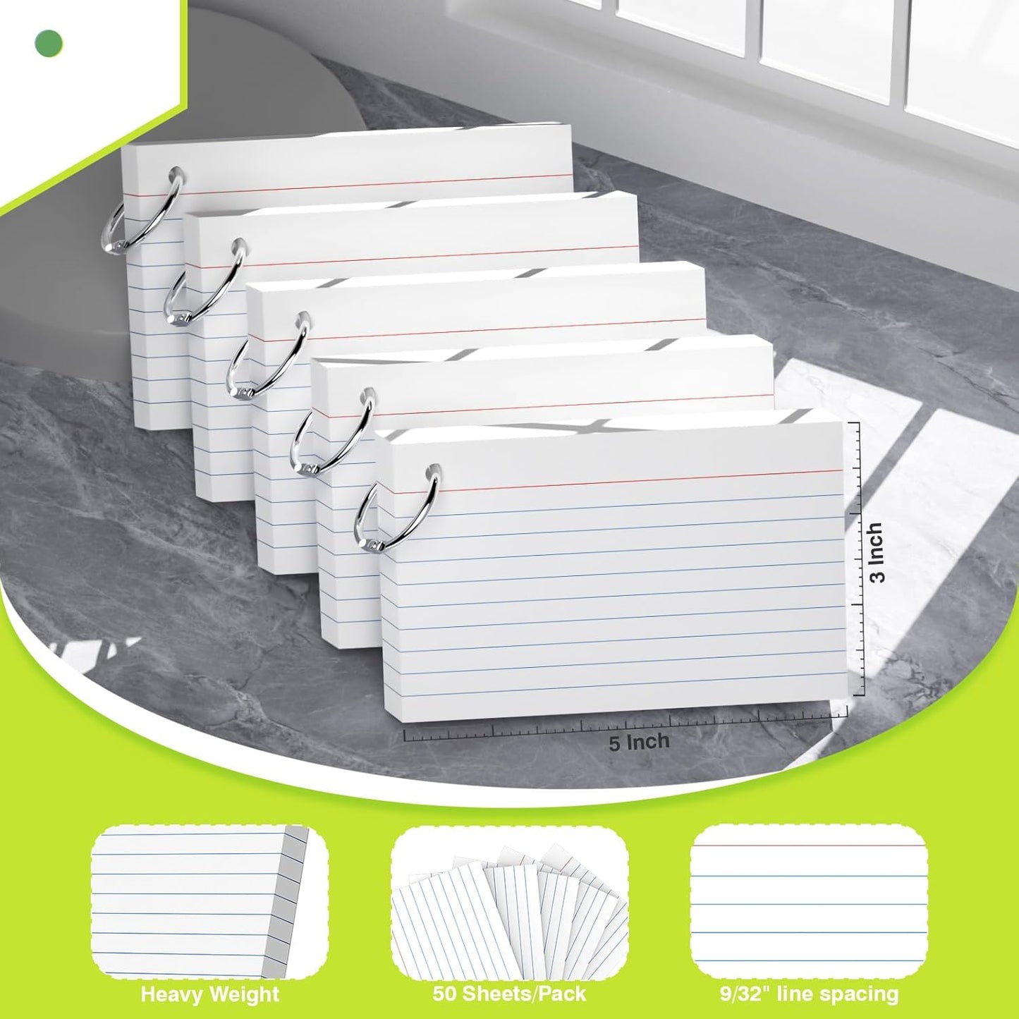 500 Count Index Cards with Ring 3 x 5 Inch Colored Heavyweight Ruled Index Cards, Flash Cards for School & Office Supplies and Home Organization, Durable Study To Do List Note Cards with Ruled Lines