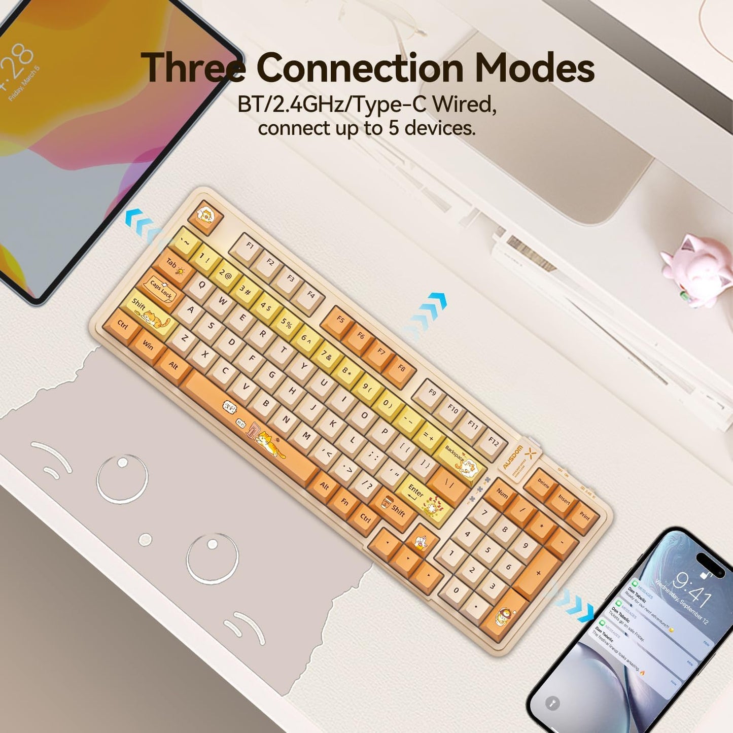 AUSDOM 98Pro Wireless Mechanical Keyboard, Tri-Mode Bluetooth/2.4GHz/USB-C Gasket Hot Swappable Custom Gaming Keyboard with Backlit, PBT Keycaps, Linear Switches, for Windows/Mac/PC (Yellow Cat Theme)