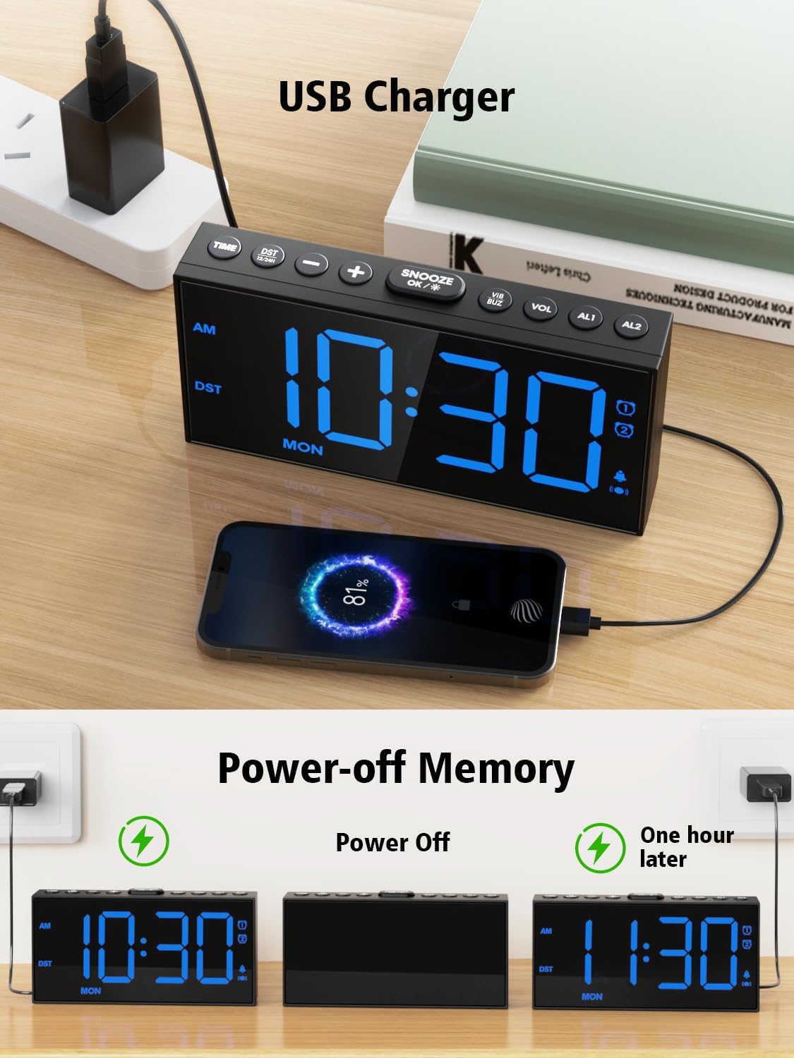 PPLEE Loud Alarm Clock with Bed Shaker,Vibrating Alarm Clock for Heavy Sleepers Hearing-impaired Deaf,2 Alarms 3-level Vibration for Weekday/Everyday Mode,5 Dimmer,5 Volume,Big Number,Power-off Memory
