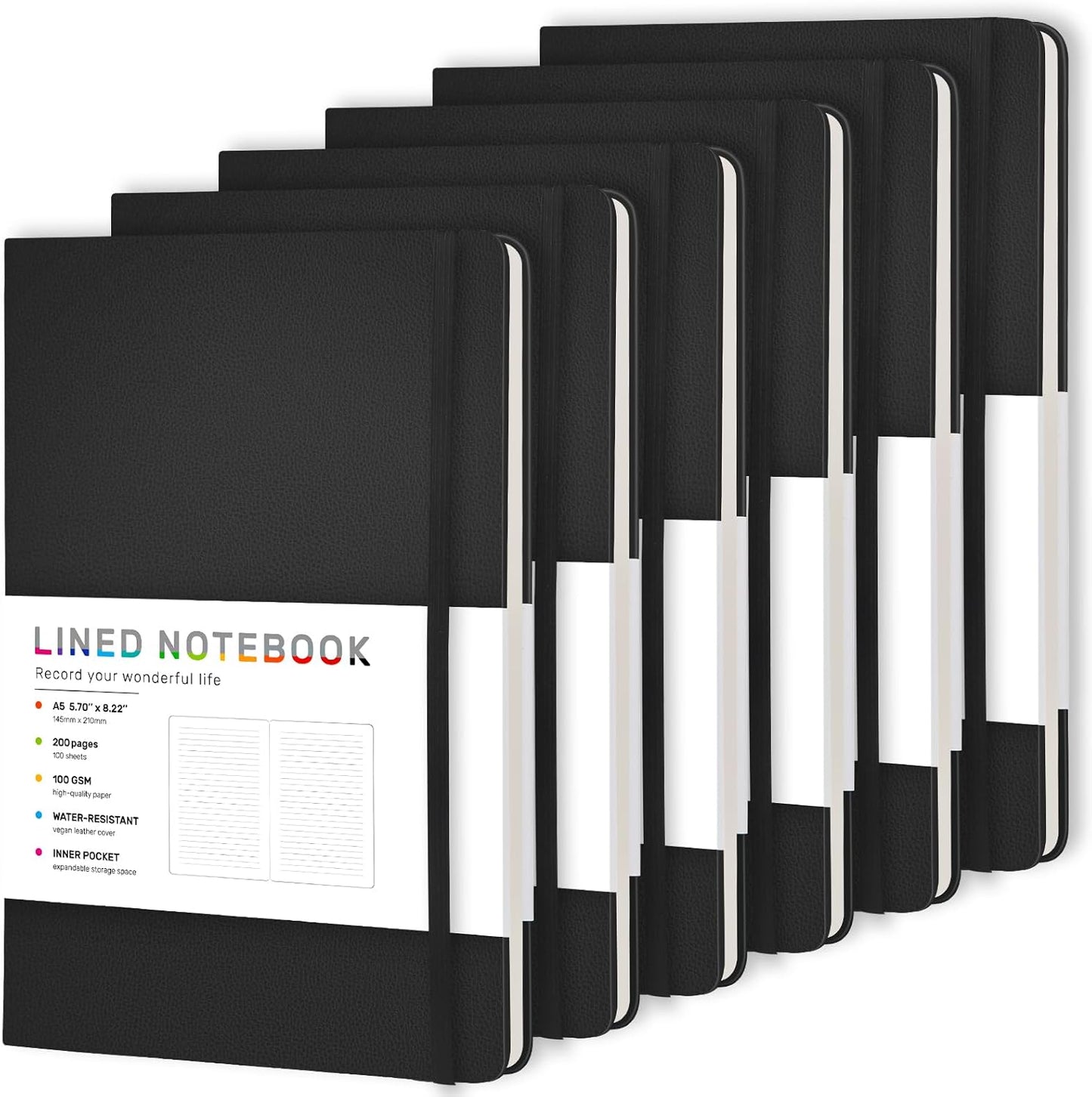 6 Pack Black Lined Hardcover Journal Notebook with 200 Pages, 8×5.7in, A5 journal Notebook, Journaling Notebooks for Work, School, Office,Women, Men, College Ruled Notebook, Hardcover Leather Journals