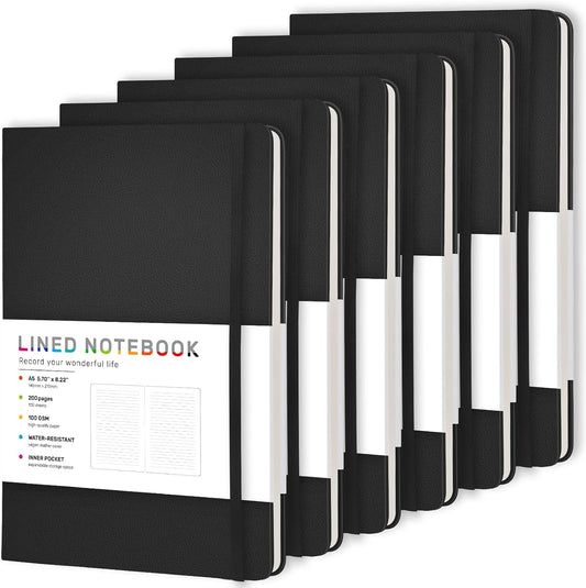 6 Pack Black Lined Hardcover Journal Notebook with 200 Pages, 8×5.7in, A5 journal Notebook, Journaling Notebooks for Work, School, Office,Women, Men, College Ruled Notebook, Hardcover Leather Journals