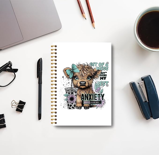 Bit of a Mess Anxiety Funny Highland Cow Notebook - Western Cow Notebook, Highland Cow Office Supplies, Highland Cow Gifts, Cow Lover Gifts, Cute Cow Stuff, Cow Spiral Notebook 5.5x8.3
