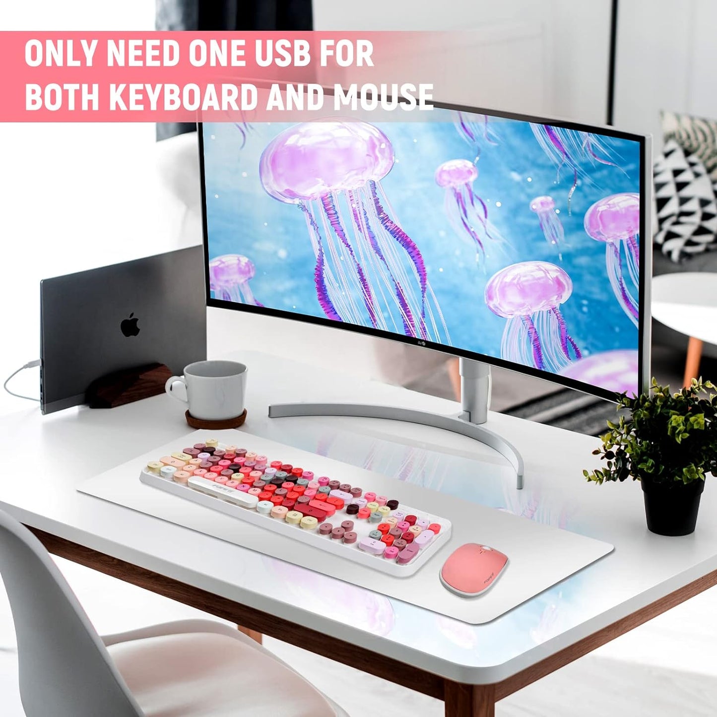 FOPETT Wireless Keyboard and Mouse Sets,Reliable 2.4 GHz Connectivity for PC,Laptop,Smart TV and More (White Colorful)