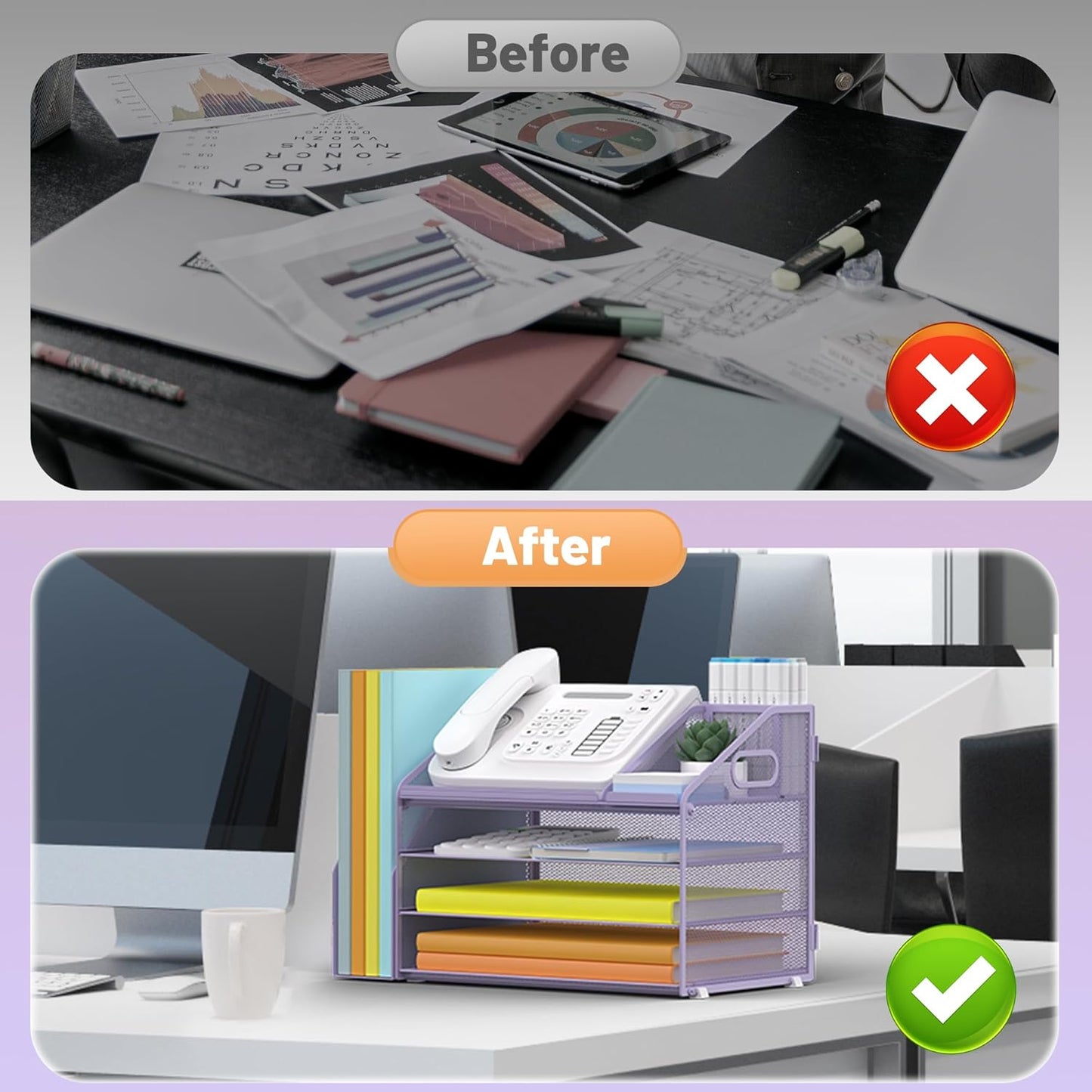 DocNest 4 Tier Paper Letter Tray File Organizer, Mesh Desk File with Handle, Workspace Desk Organizers with Pen Holder, Office Organization Storage Accessories - Purple