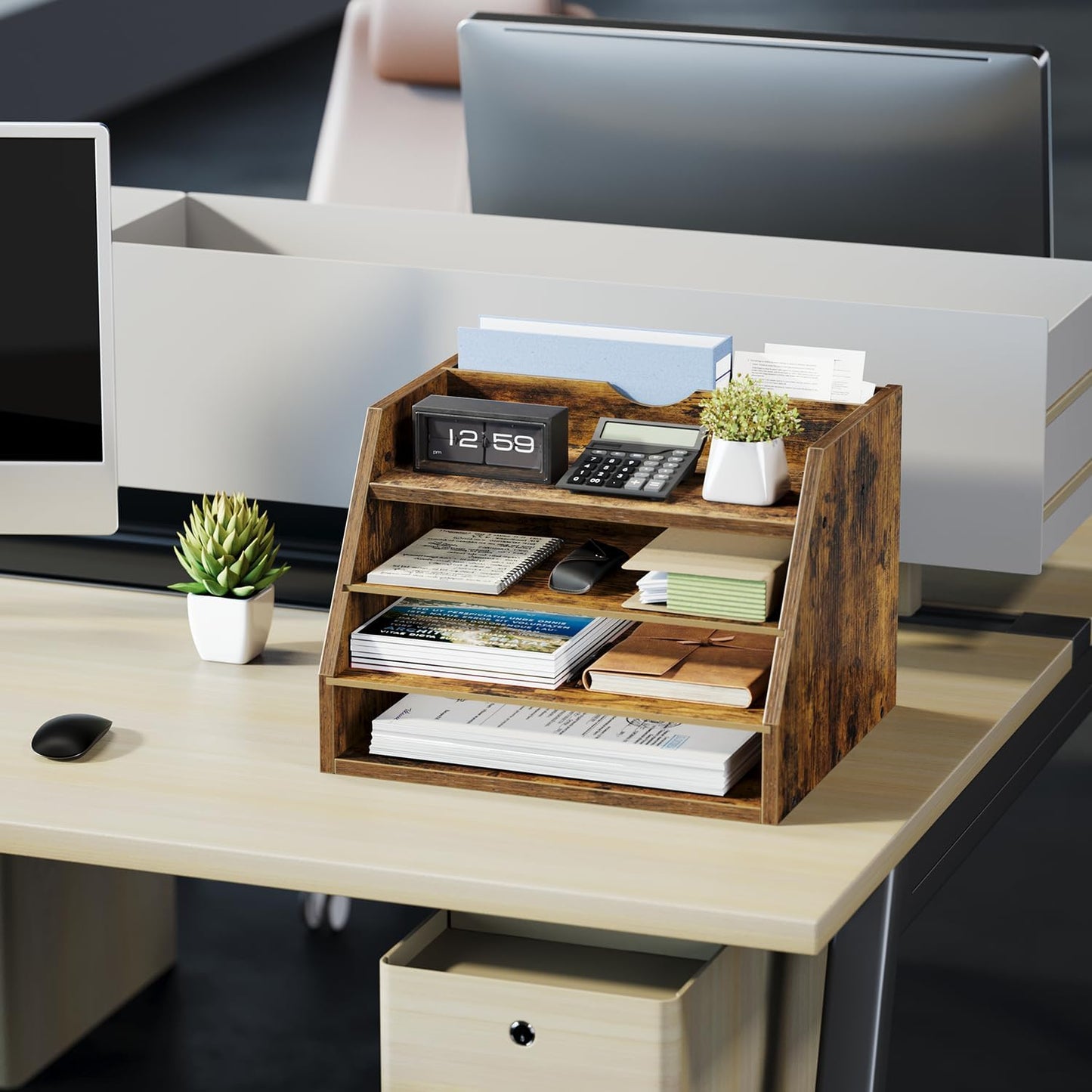 4-Tier Desk Organizer with File Holder, Wooden Desktop Organizer for Papers, Folders & Office Supplies, Space Saving Letter Tray Mail Organizer for Home Office School Accessories, Rustic Brown