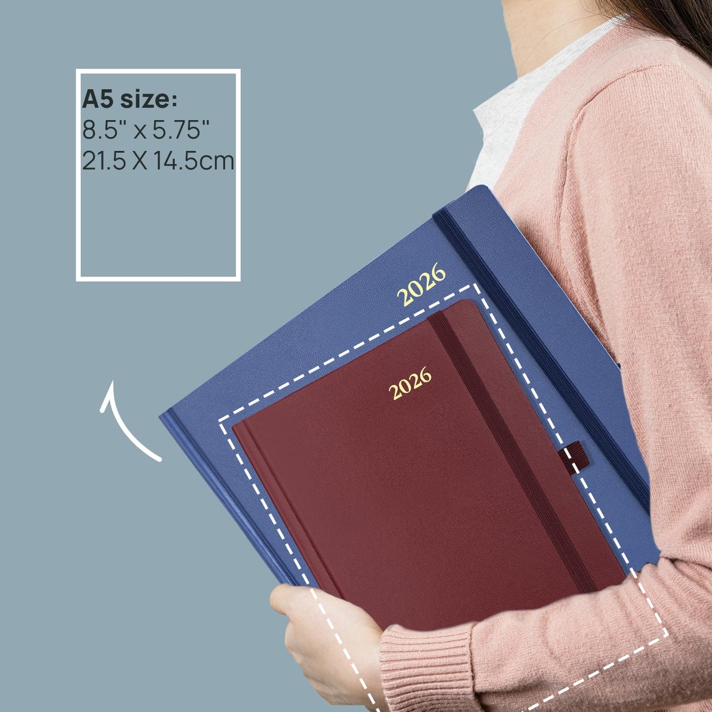 POPRUN 2026 Daily Planner One Page Per Day A5 Size Calendar (5.75" x 8.5") - 12 Months Hourly Appointment Book with Hardcover, Pocket, Pen Holder - Light Pink