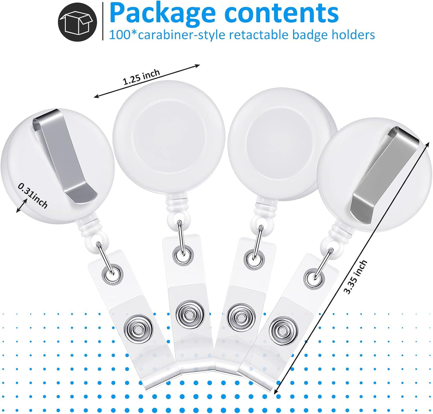 Zonon 100 Pieces Retractable Badge Reel Clips ID Card Holder Reel with Metal Belt Clip for Hanging Cards Key Chains, Name Badge Holders for Nurses Teachers Students(White)