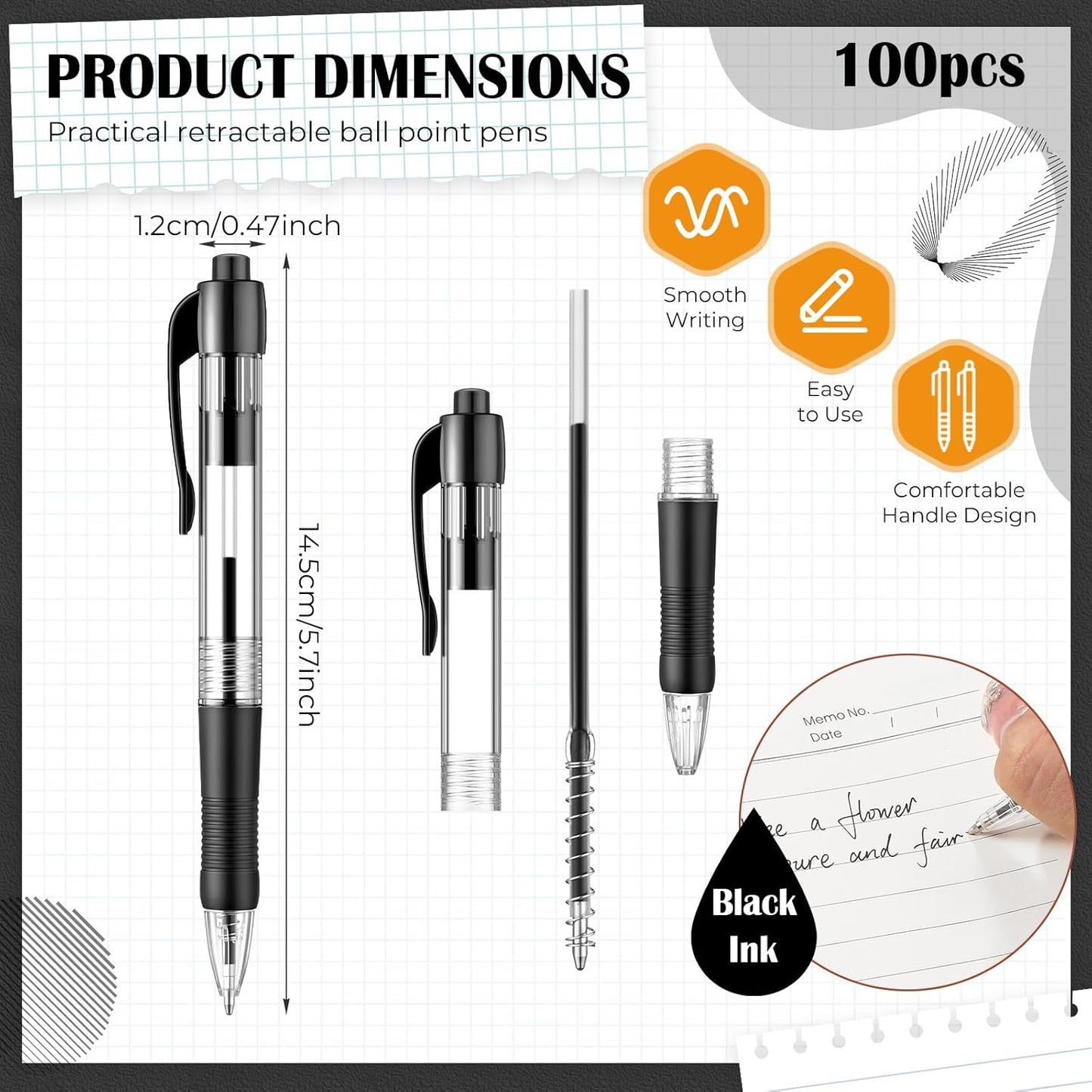 Fulmoon 100 Pcs Gel Ink Pens Retractable Ballpoint Medium Point 1.0 mm Ballpoint Smooth Writing Click Pens for Journal Writing Office Home(Black Ink)