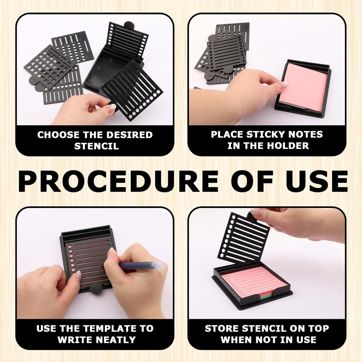 1PCS Sticky Note Holder with 5 Style Template & 1 Sticky Notes, 3.54X3.94 Sticky Note Stencil Dispenser for Post Note, Memo Pad Organizer with Five Line Box for Office and Home (Black)