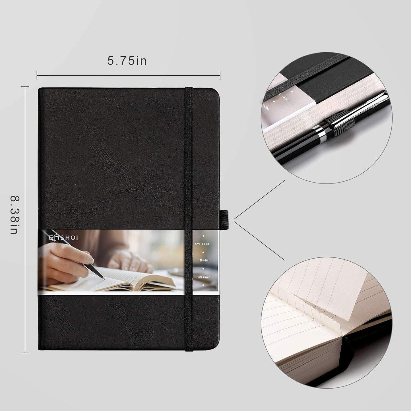 EMSHOI Lined Journaling Notebooks - 120gsm Thick Leather Journal with Sticky Notes, 256 Numbered Pages A5 Hardcover College Ruled Notebook for Women Men Work School Writing, 5.75" x 8.38"-Black