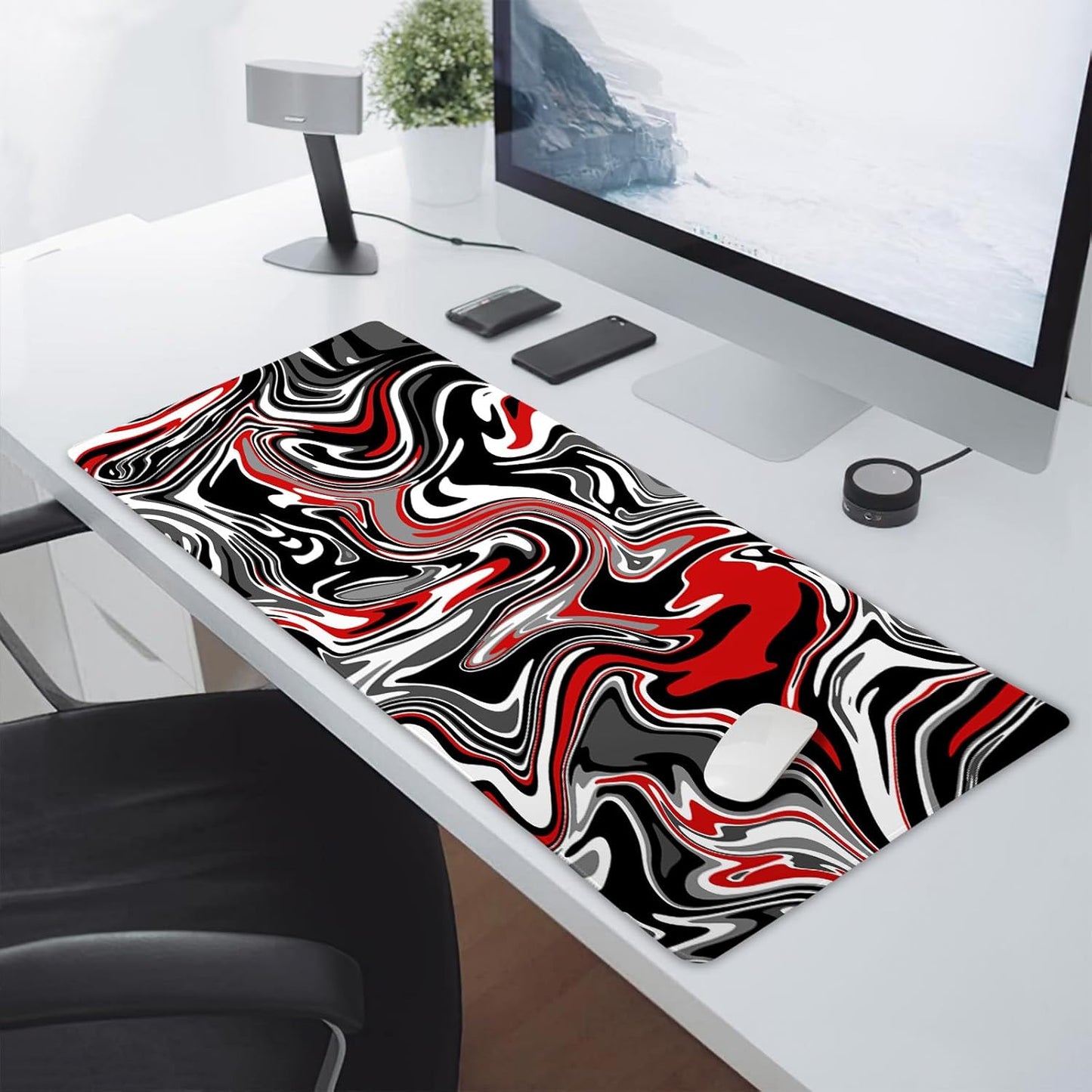 Black Red Swirl Gaming Mouse Pad XXL Gray Marble Grey Fluid Design Extended Large Mat Mousepad Desk Pad Non-Slip Rubber Base Stitched Edge Keyboard Pad Playmat for Computer,35.4×15.7 Inch