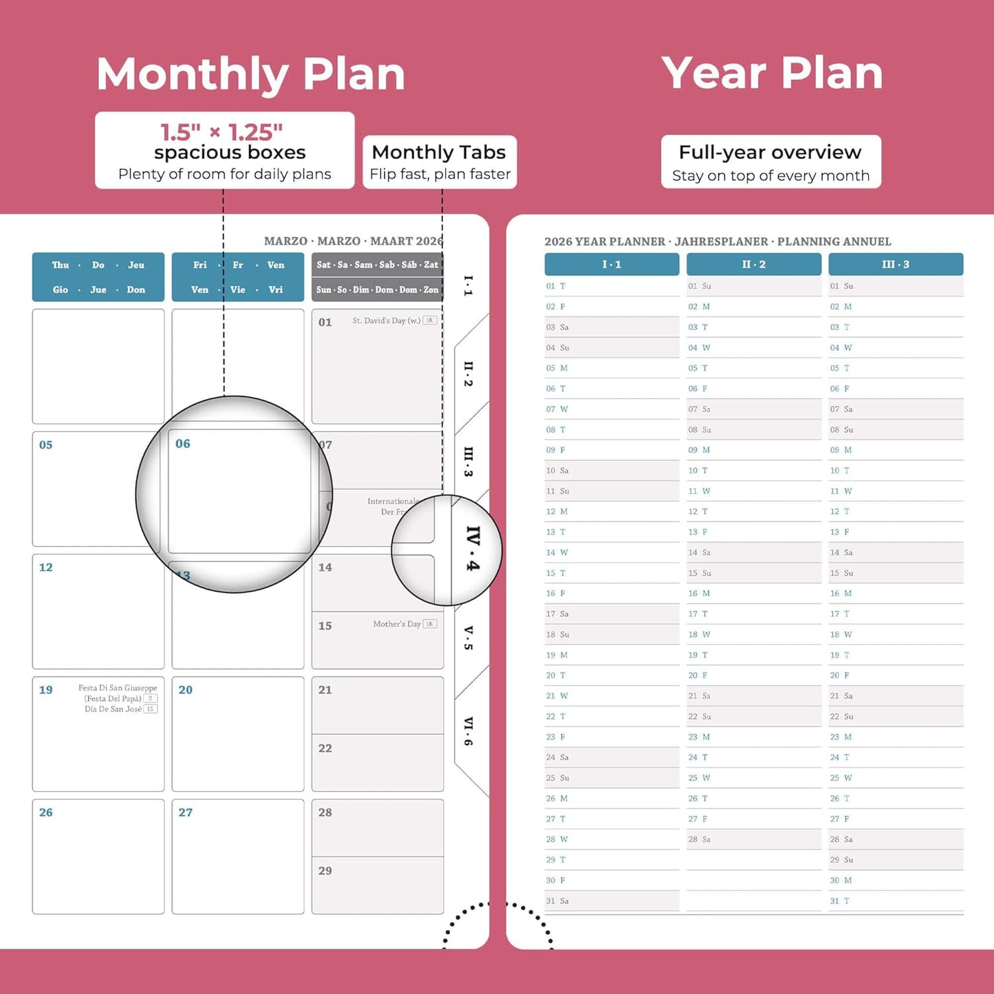 Daily Planner 2026 with One Page Per Day,(A5-8.5" x 5.9"),12 Months Calendar Hourly Appointment Book Monthly Tabs & Self-adhesive Pen Holder,Inner Pocket, Vegan Leather Hardback,Rose Red