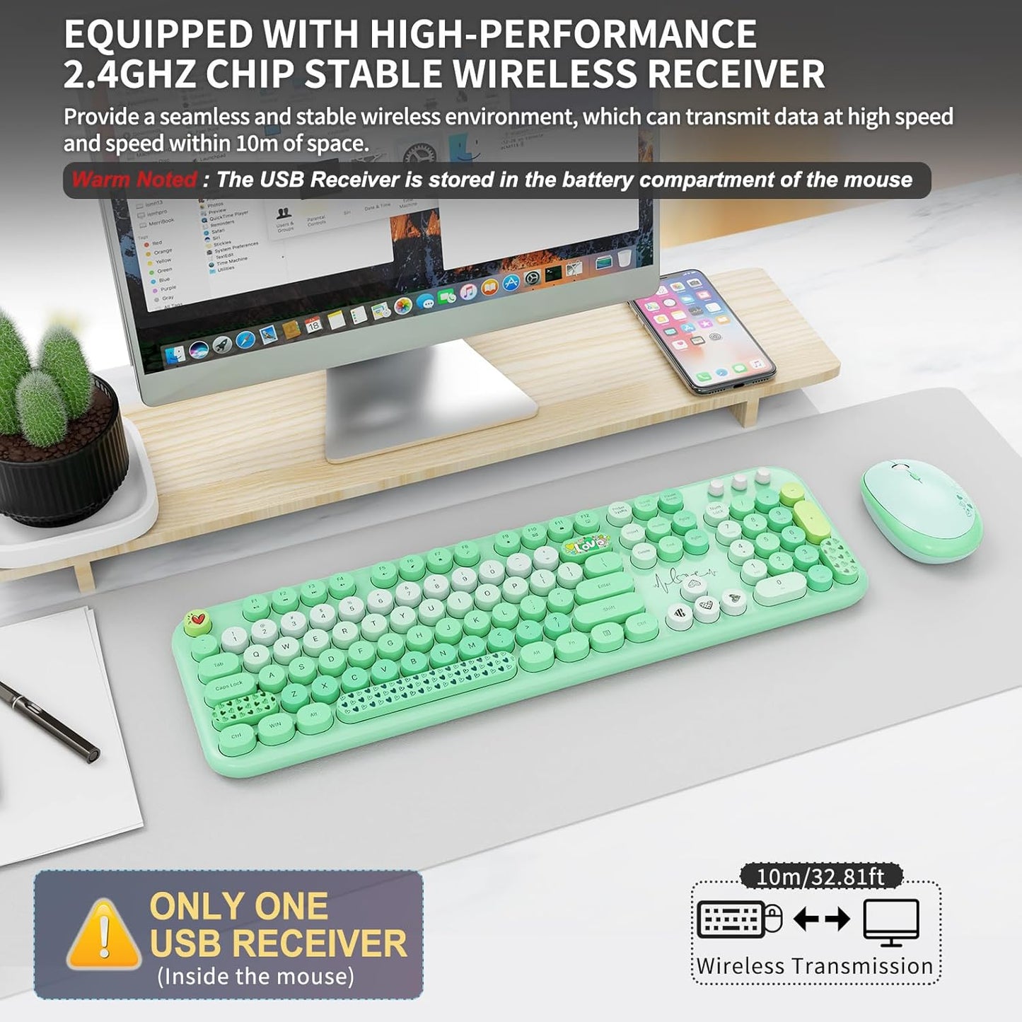 FOPETT Wireless Keyboard and Mouse Combo - 2.4G Full-Sized Cute Colorful Retro Keyboard with Round Keycaps 104 Keys Typewriter Keyboard for Laptop/Windows/PC-Green Colorful