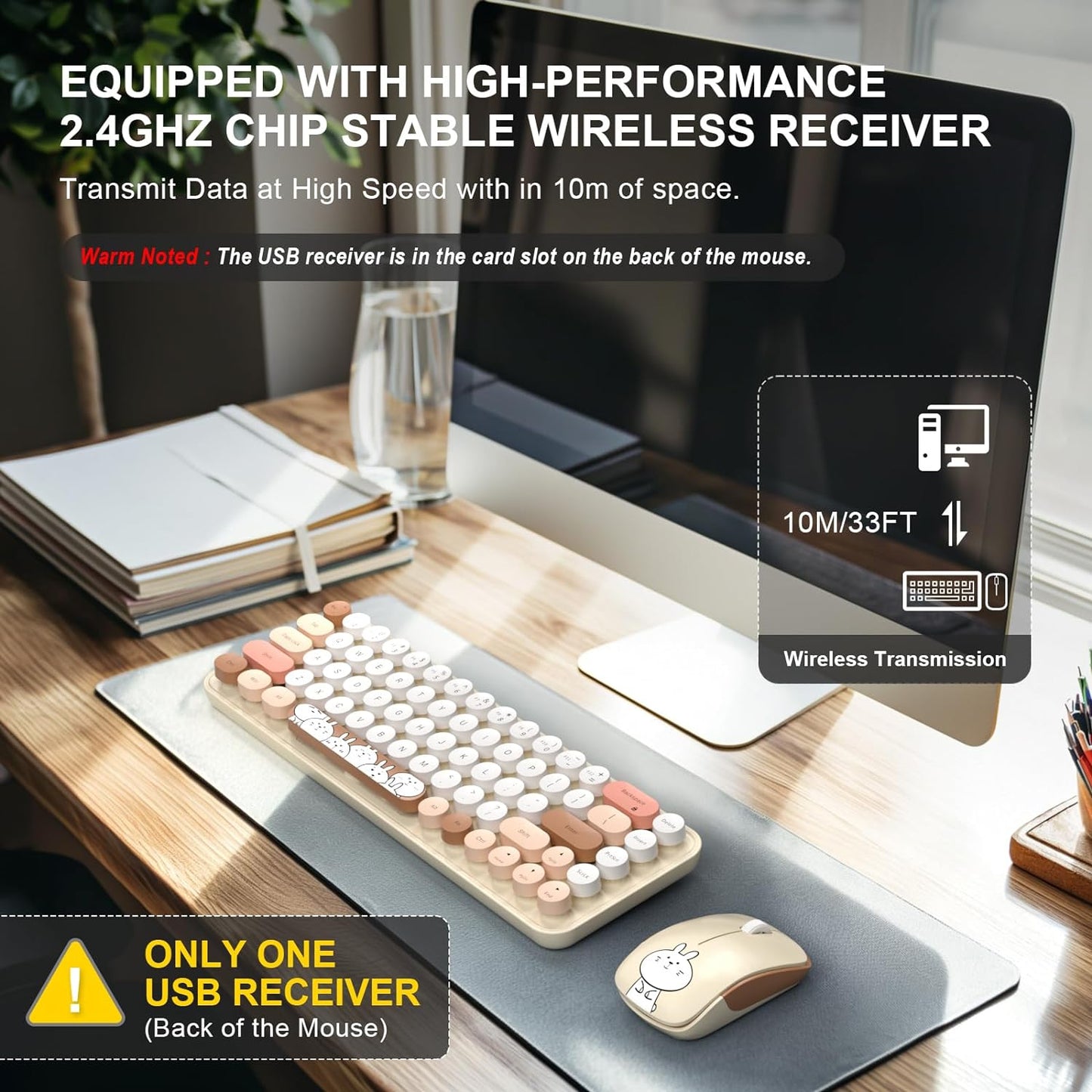 FOPETT Wireless Keyboard and Mouse Cute Mouse and Keyboard 2.4G Wireless Keyboards with Colorful 68 Keys Typewriter Retro Round Keycap for PC, Laptop,Tablet,Computer Windows - Milk Tea Colorful