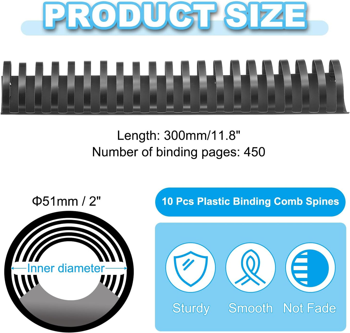 PATIKIL 51mm (2") Plastic Binding Combs, 10 Pcs 21 Rings Comb Binding Spines 450 Sheet Capacity Letter Size for Binding Paper Sheets Notebook Calendar Picture Album, Black