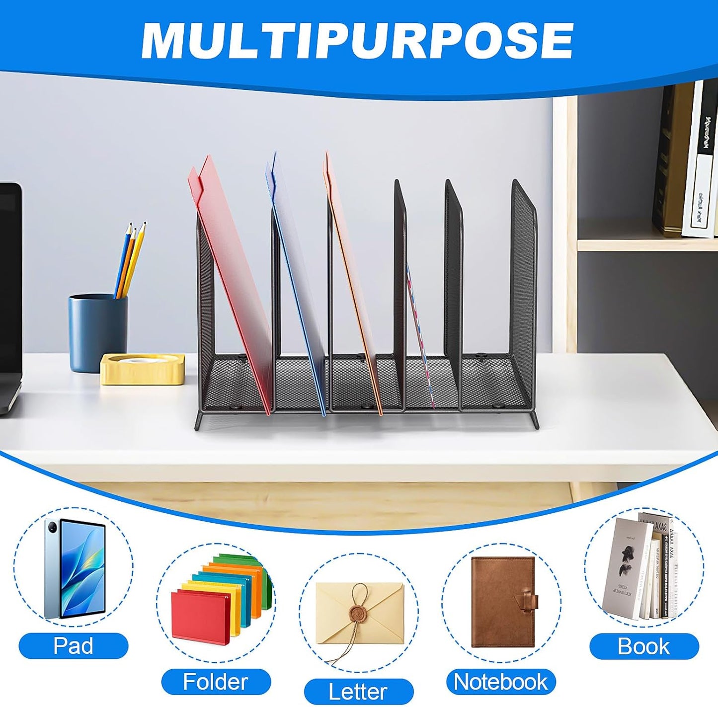 5 Sections Desk File Holder/Rack/Sorter,Mesh File Organizer,File Folder Organizer,Metal Upright Desktop Organization for Documents,Magazine,Kitchenware,Antiskid,Antirust,Sturdy,2 Packs