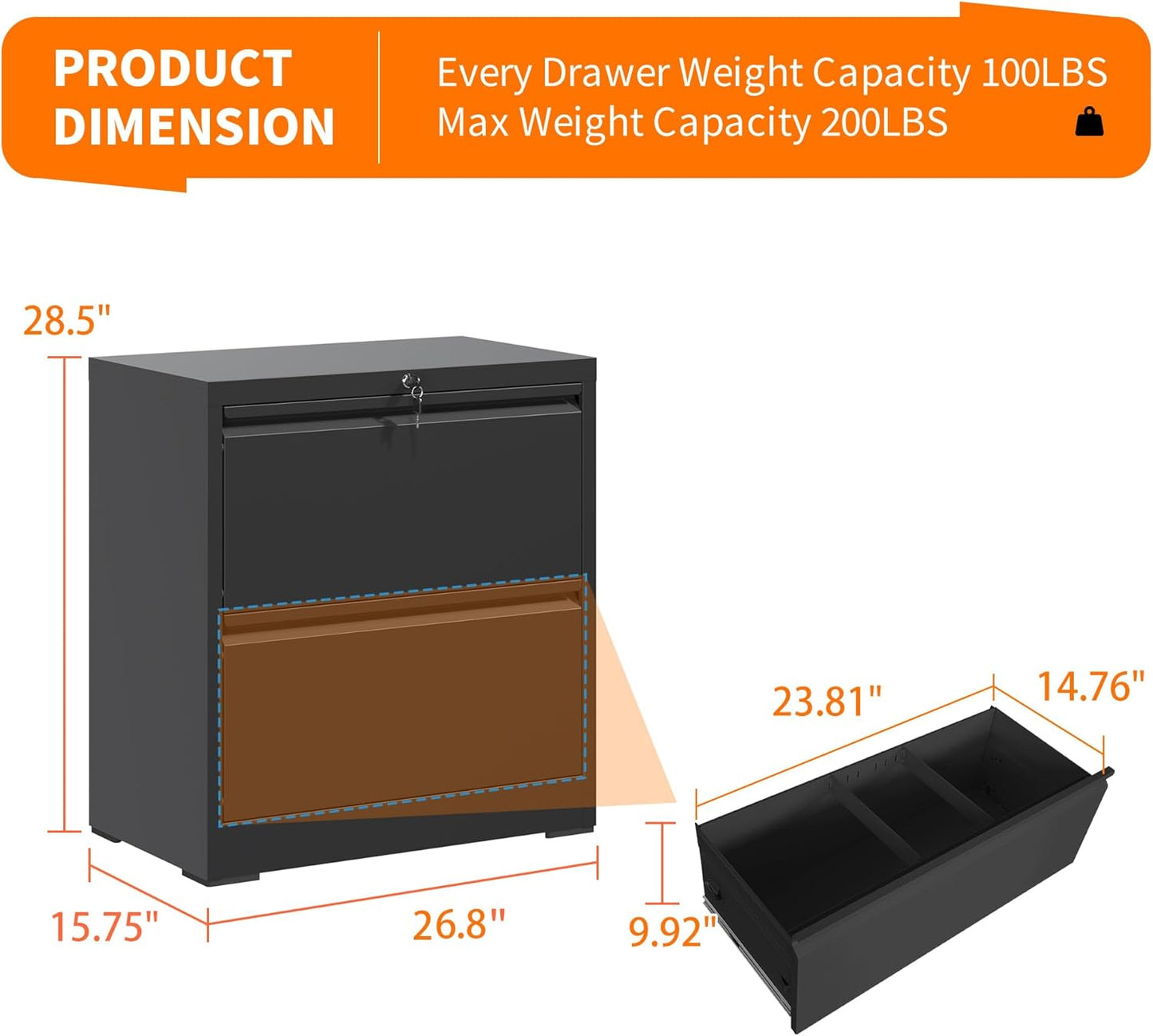 2 Drawer Locking Filing Cabinet Heavy Duty Large Metal Cabinets Black Home Office Lateral File Cabinets Wide Steel Cabinet for Legal/Letter Size File,Assembly Required