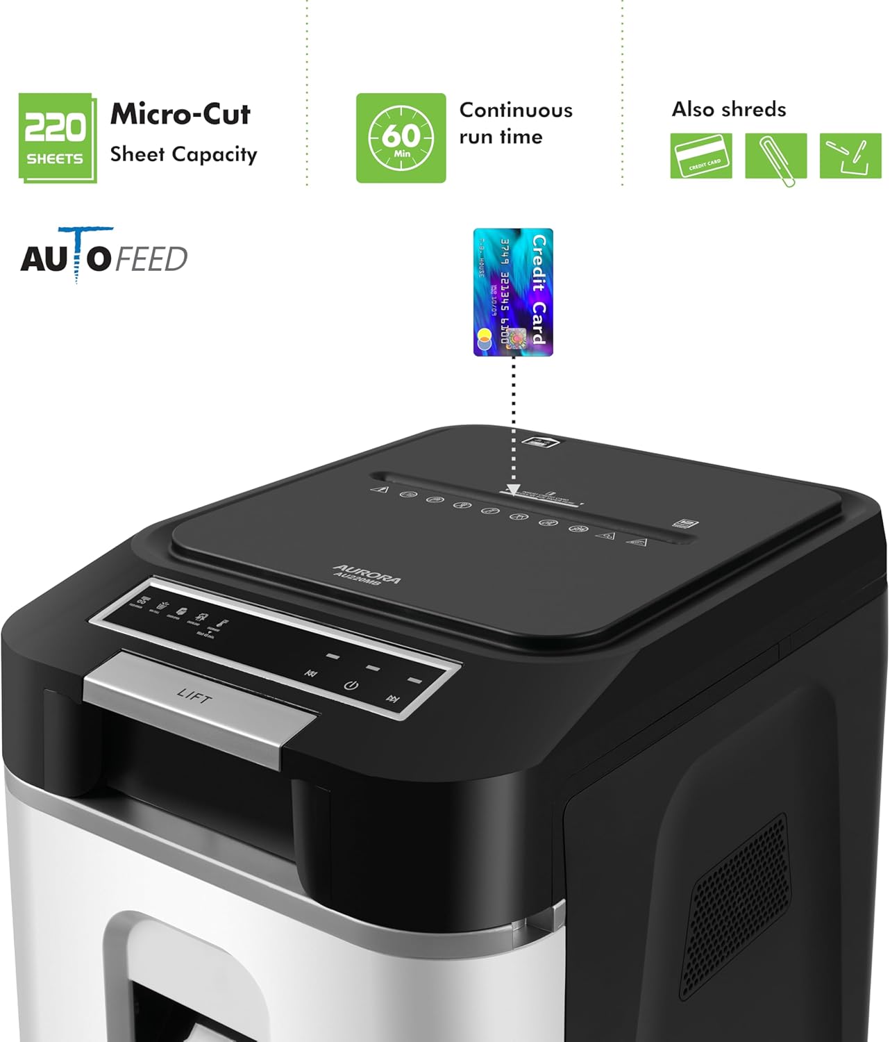 Aurora Commercial Grade 220-Sheet Auto Feed High Security Micro-Cut Paper Shredder/ 60 Minutes/Security Level P-5