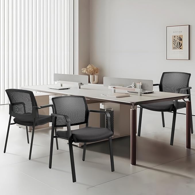 CLATINA Mesh Back Stacking Arm Chairs with Upholstered Fabric Seat and Ergonomic Lumbar Support for Office School Church Guest Reception Black 2 Pack Set