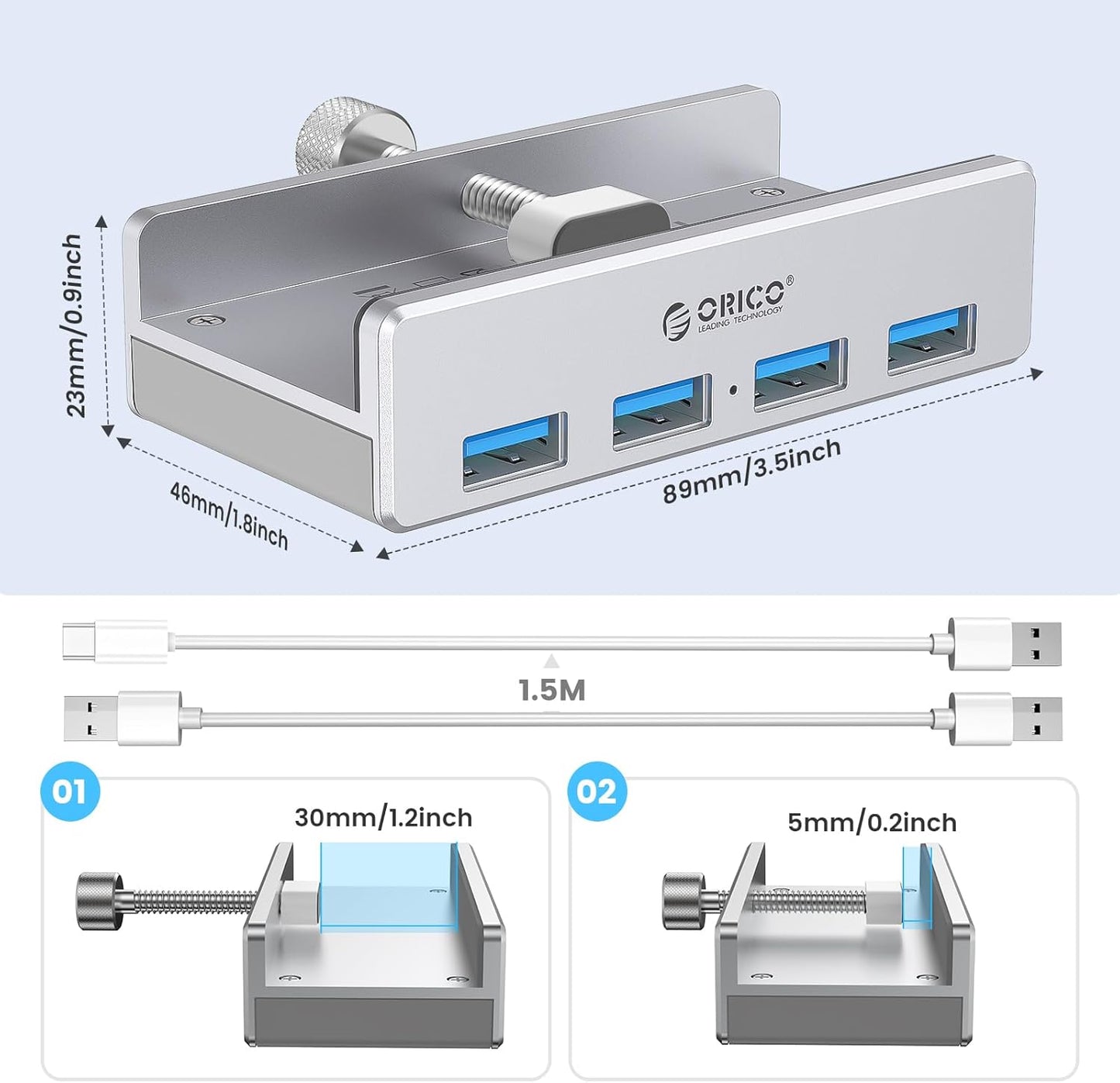 ORICO USB 3.0 Hub Clamp - Aluminum 4-Port USB Splitter With Extra Power Supply Port, 4.92 FT USB A to C Cable, Desktop Powered Hub for Monitors/Desks - Silver