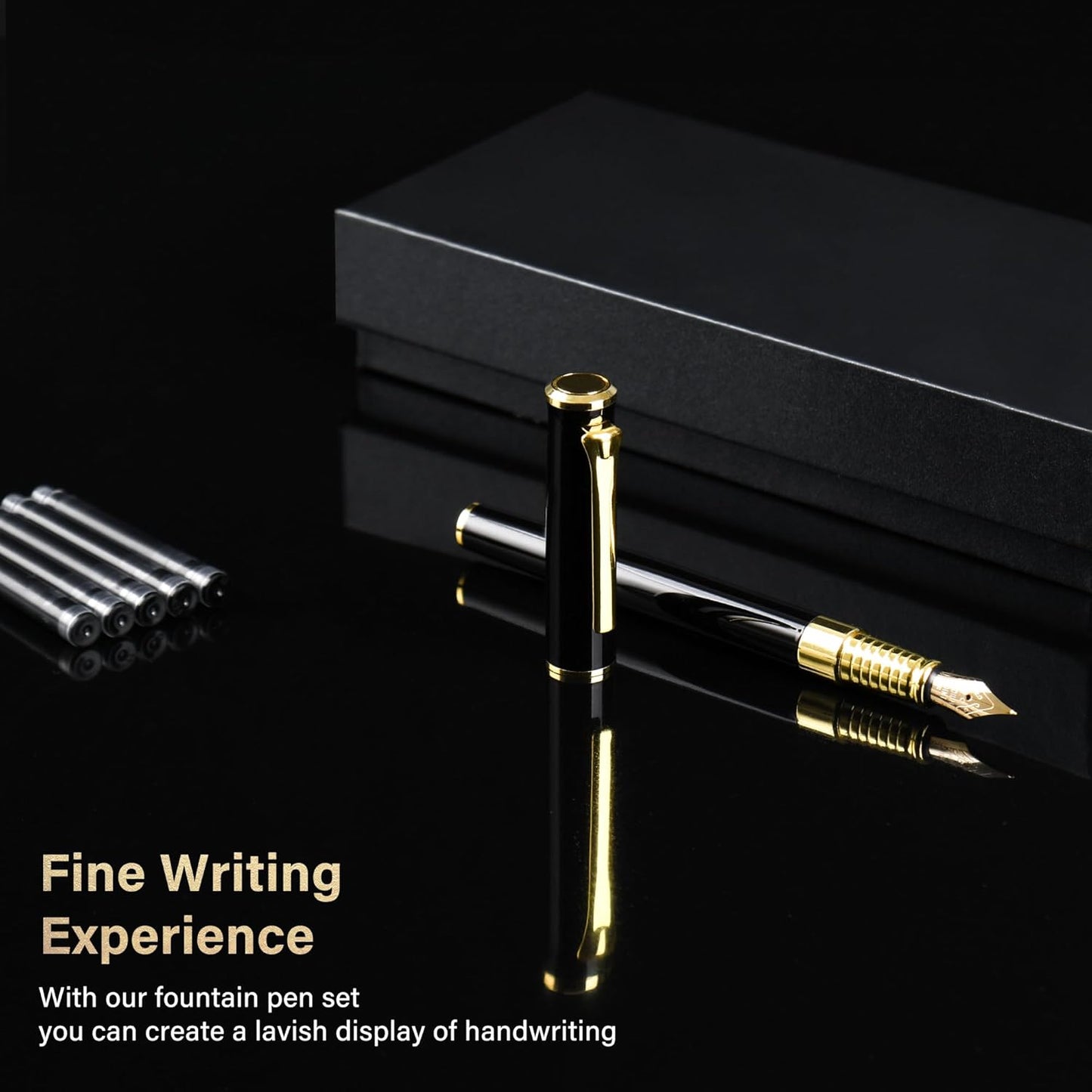 Black Fountain Pen Set, Medium Nib, Includes 10 Ink Cartridges, 2 Ink Refill Converter and Premium Gift Box, Luxury Pen Perfect for Men and Women