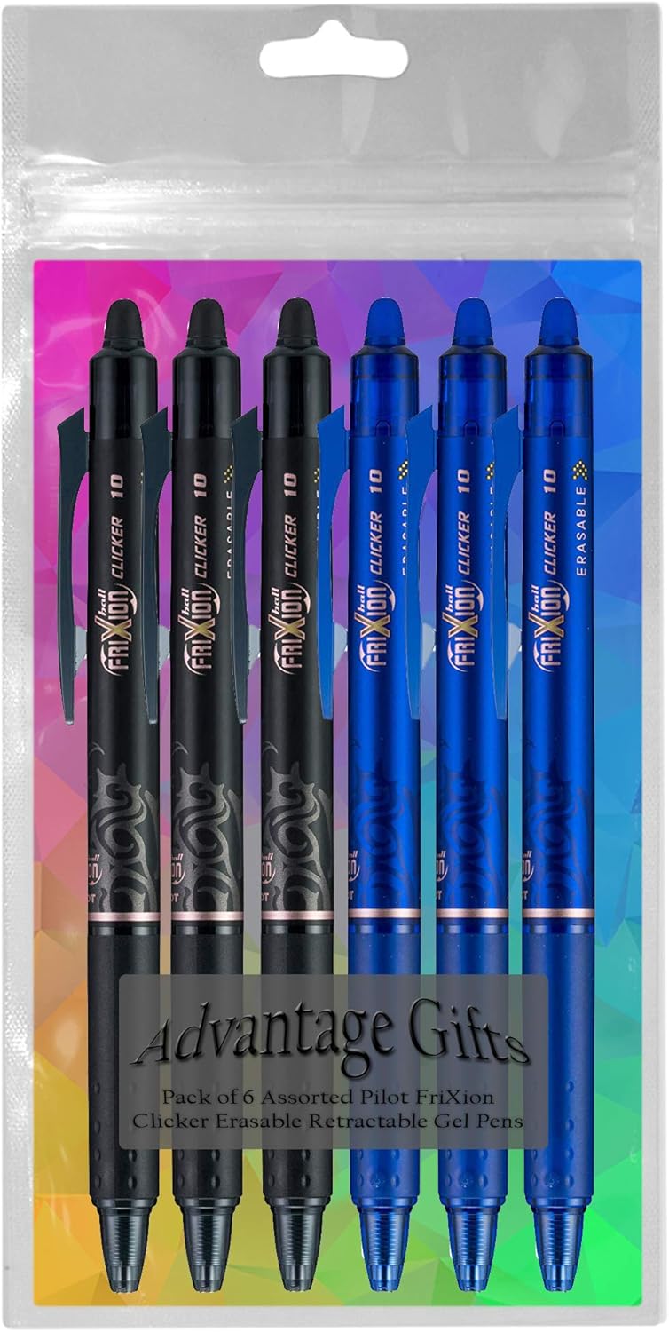 FriXion Clicker Retractable Erasable Gel Pen, Black/Blue, Bold Point, 6-pk; Bundle with Plastic Reusable Pouch