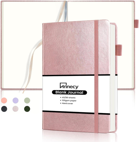 Annecy Blank Journal Notebook, Medium 5.5x 8.25, 160 Pages 100GSM Writing Paper, A5 Rose Gold Faux Leather Cover with Pen Loop