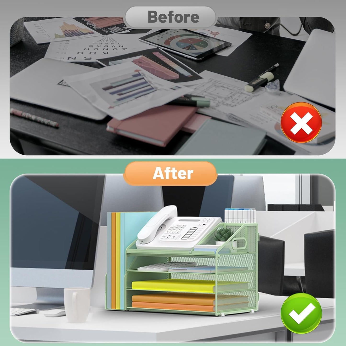 DocNest 4 Tier Paper Letter Tray File Organizer, Mesh Desk File with Handle, Workspace Desk Organizers with Pen Holder, Office Organization Storage Accessories - Green