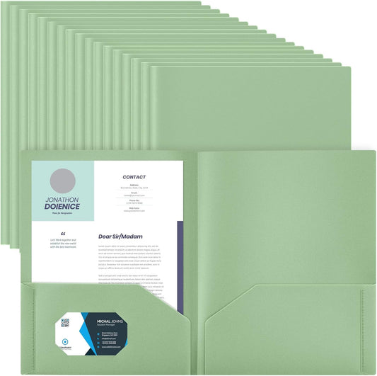 Gueevin 50 Pcs Plastic Folders with Pockets, Back to School Two Pocket Folder Fit Letter Size, Heavy Duty School Business Card Holder for Home Office, 11. 61 x 9. 45 Inches (Sage Green)