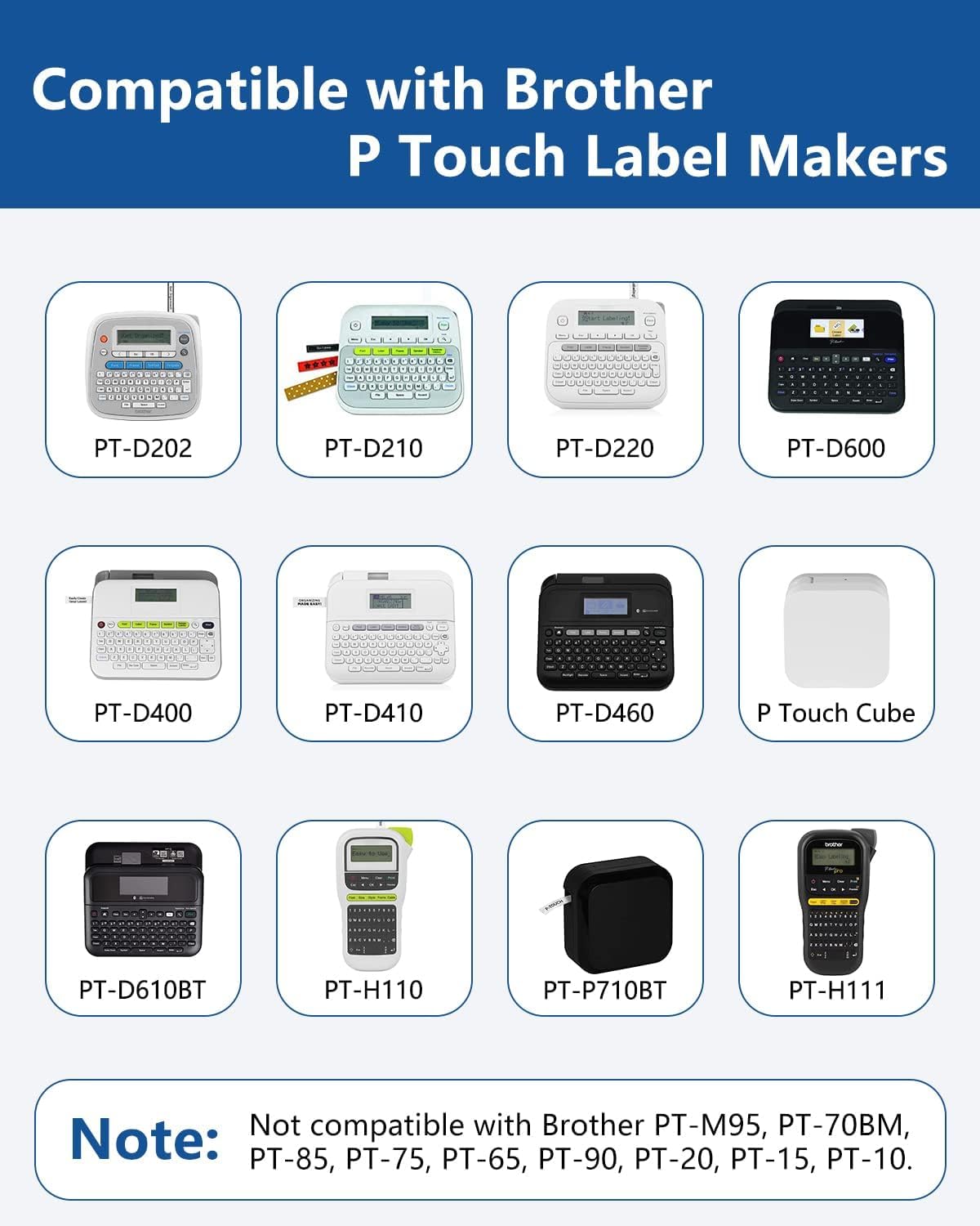 Tze TZ Tape 12mm 0.47 Laminated White Tape Compatible for Brother Label Maker Tape 12mm 1/2" Black on White Tape for Ptouch PT PTD200 PTD410 D210 D220 D610 P710BT PTH110, 5-Pack