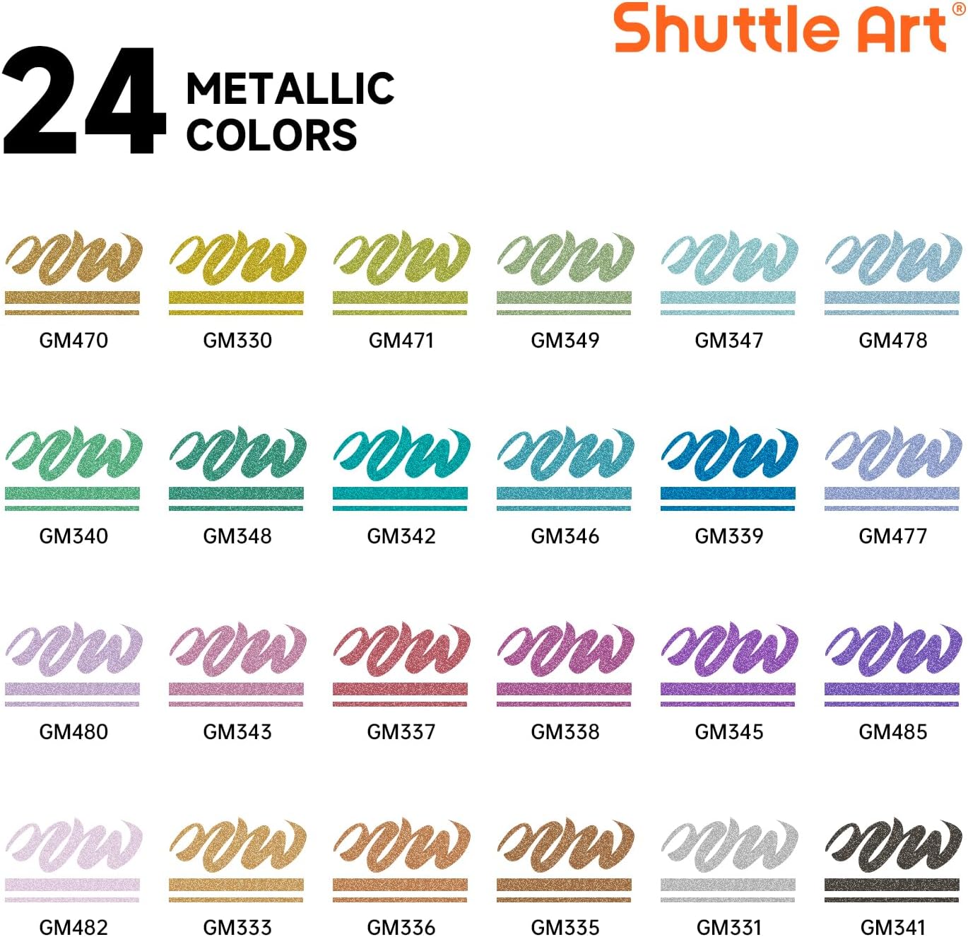 Automatic Ink Control Acrylic Paint Markers, Shuttle Art 24 Metallic Colors Brush Tip Acrylic Paint Pens for Rock Painting, Ceramic, Wood, Canvas, Glass, Stone, Fabric, Card Making, DIY & Art Supplies