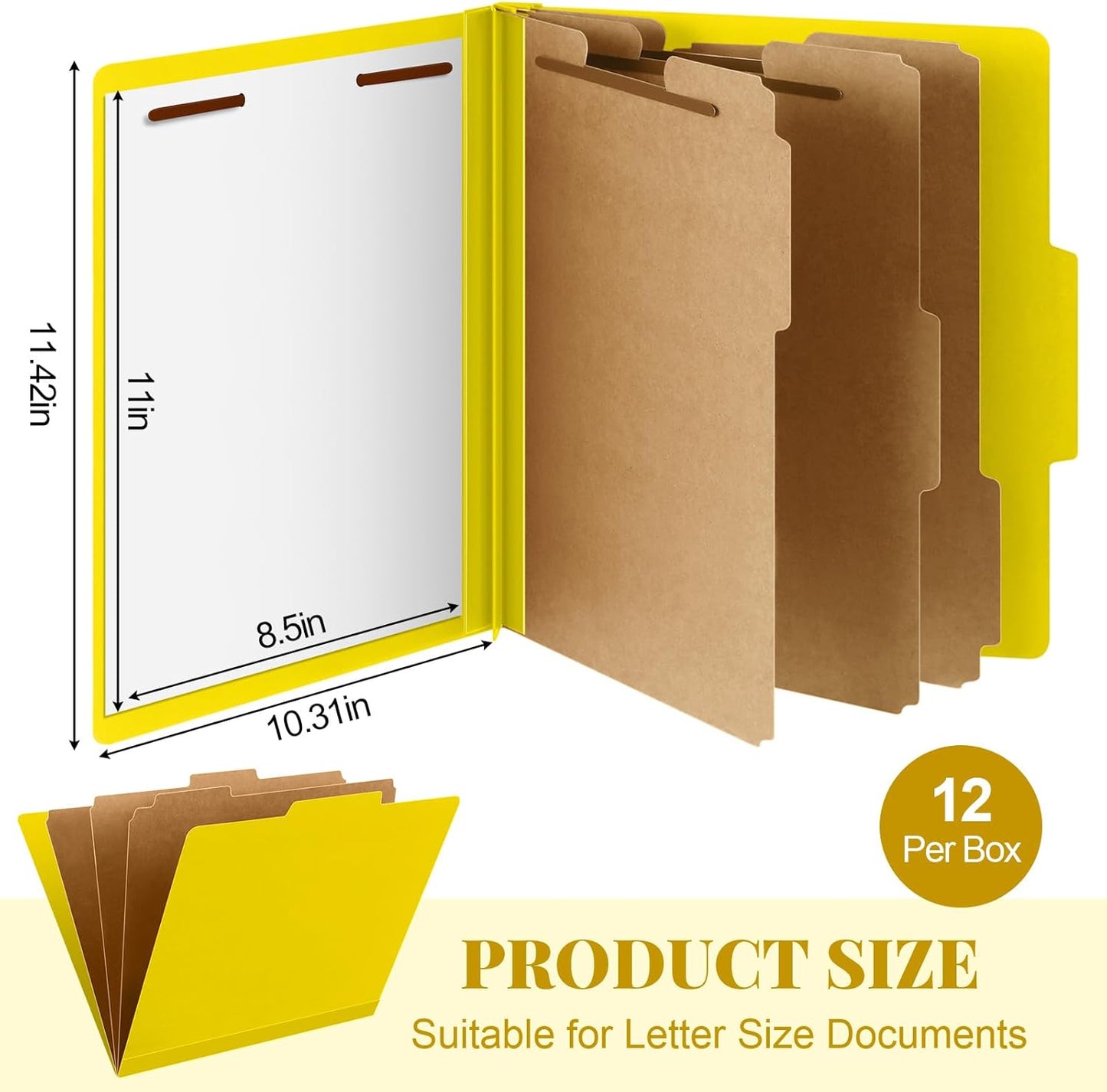 12 Pcs Classification Folders Letter Size, 3 Divider Pressboard File Folder with Fasteners, Expanding File Organizer Bulk for Teachers, Clergy, Office, Church, Christmas Donations (Yellow)