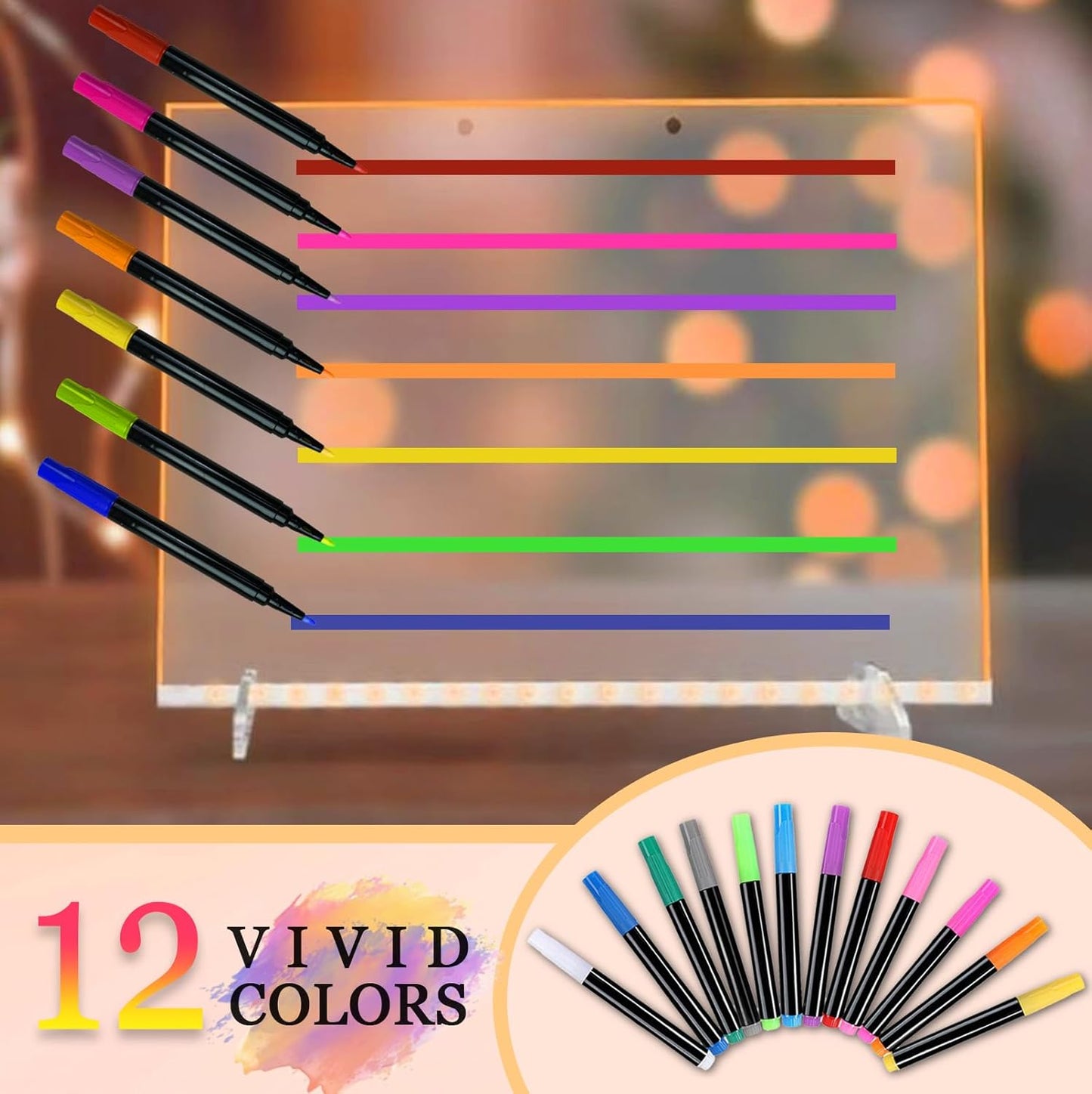 12-Color Markers for Doodle Glow，Neon Dry Erase Markers for Led Drawing Board, Non-Toxic Erasable Chalk Marker for Clear Acrylic Calendar, Mirror, Window, First Day Of School Sign