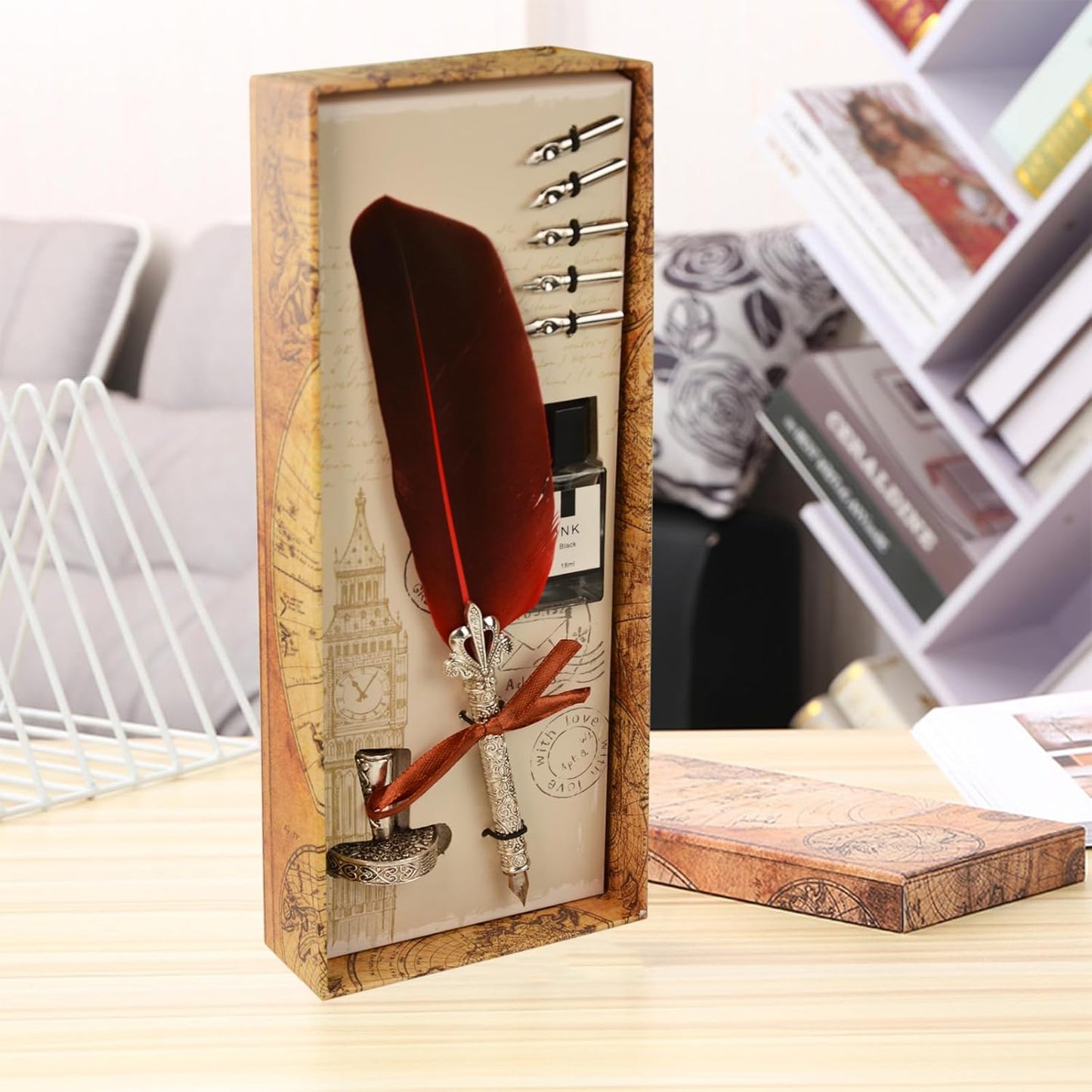 Flylin Retro Feather Pen Set, Calligraphy Fountain Dip Quill Pen, 5 Replacement Nibs, Red Ink, Perfect for Calligraphy