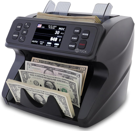 DETECK DT600 Bank Grade Money Counter Machine Mixed Denomination, Value Counting, Multi Currency, Bill Cash Counter 2CIS/UV/IR/MG/MT Counterfeit Detection, Serial Number, Printer Enabled