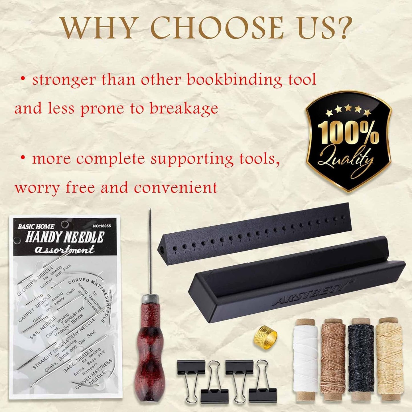 ARSTBETY Complete Bookbinding Kits for Beginners, Book Binding Starter Tool Supplies with Signature Punch Guide, Awl, 100ft Wax Thread, 7 Needles and Clips Thimble Ring