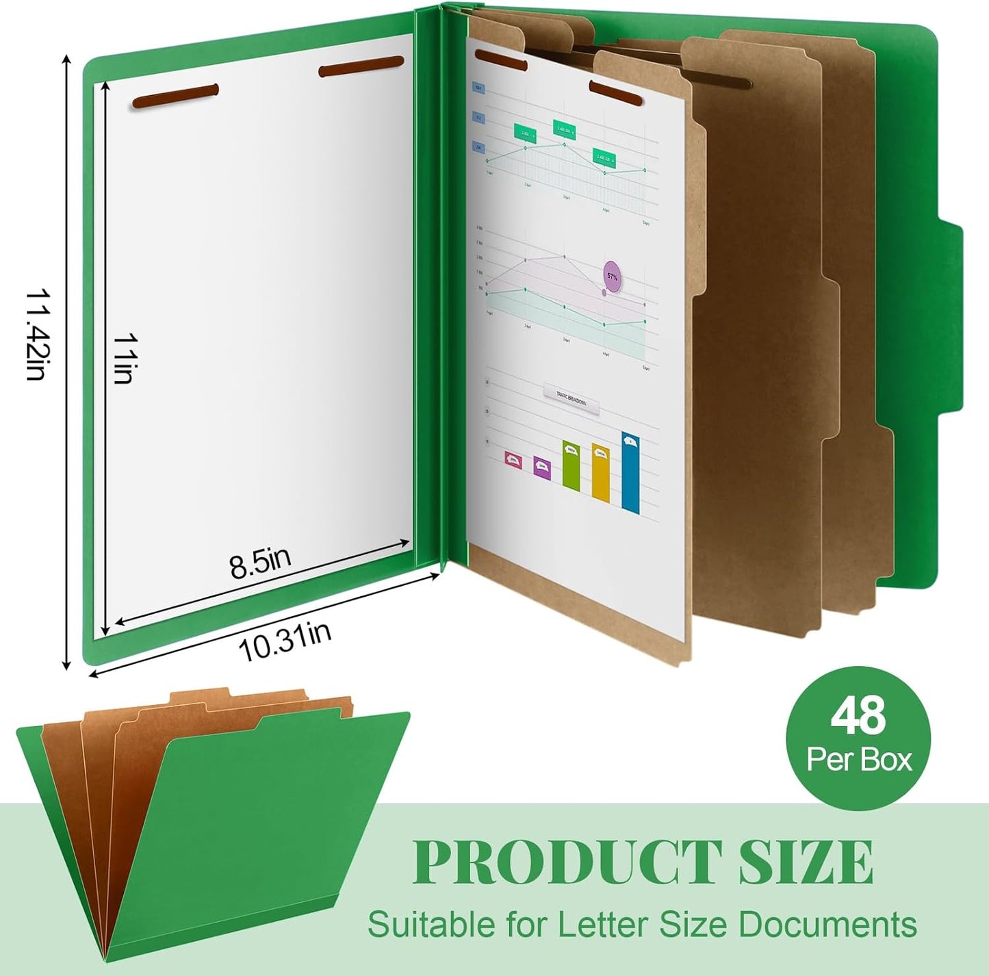 48 Pcs Classification Folders Letter Size, 3 Divider Pressboard File Folder with Fasteners, Expanding File Organizer Bulk for Teachers, Clergy, Office, Church, Christmas Donations (Green)