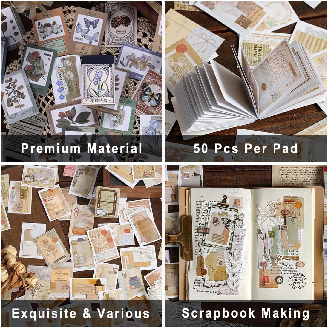 6 Sets 300 Pcs Washi Stickers Book, Vintage Aesthetic Sticker Set for Journaling Scrapbook Decoration Bullet Journal,Stamps Flowers Ticket Theme Stickers for Art Diary Craft Planner