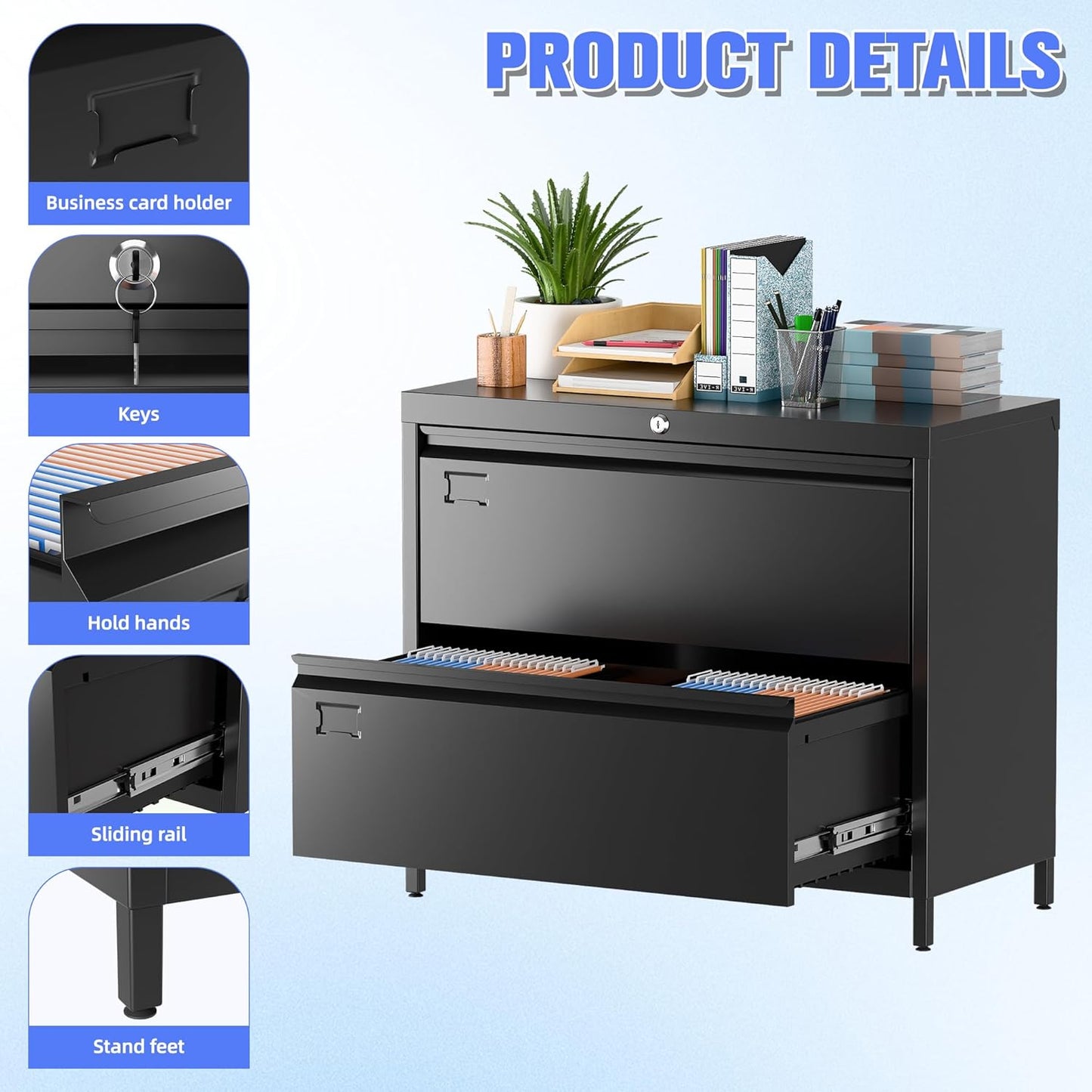 Metal 2 Drawer Lateral File Cabinet with Lock & Adjustable Feet - Wide Filing Cabinet for Letter/Legal/F4/A4 Hanging Files - Includes Business Card Holder,Home Office School Storage,Black