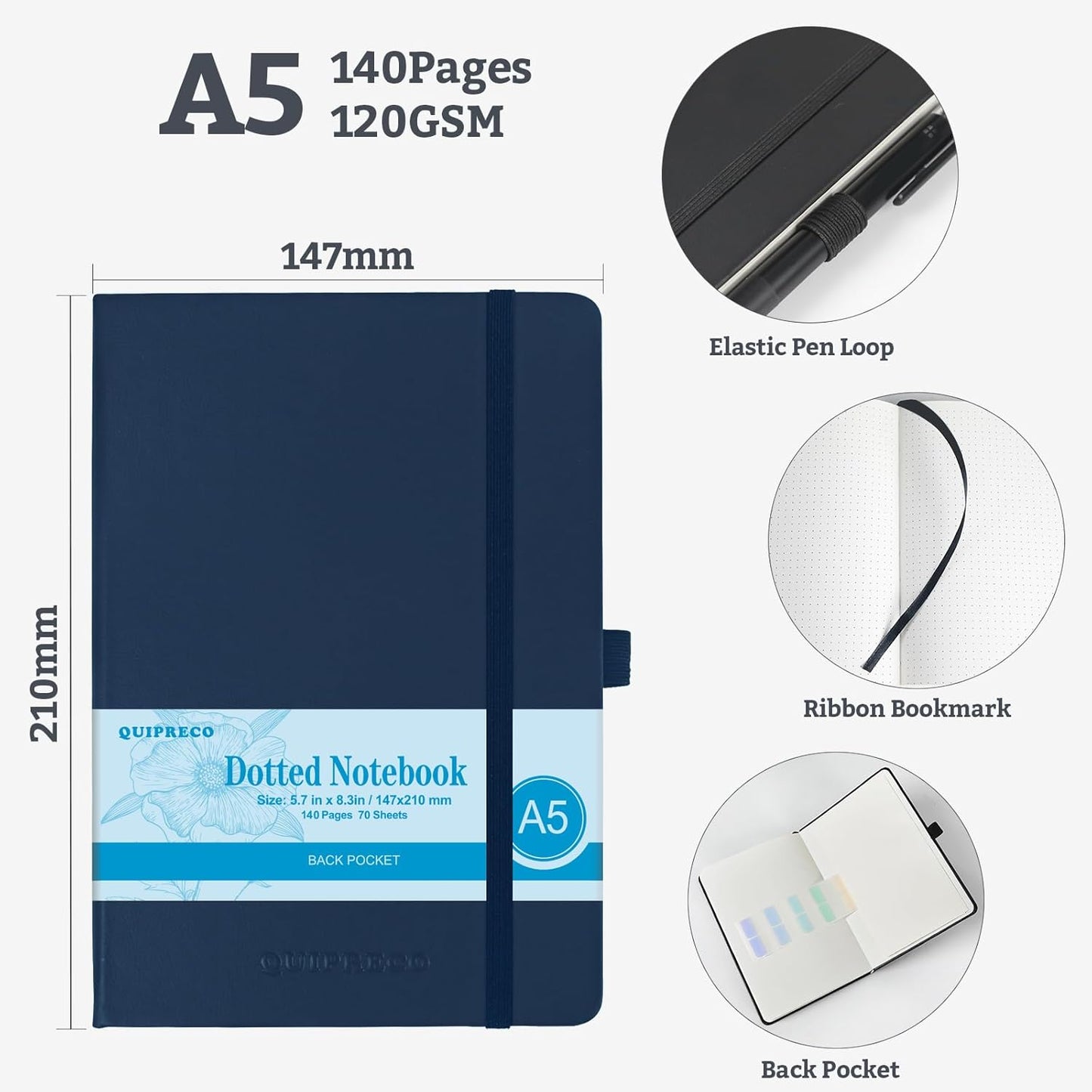 2Pack Bullet Dotted Hardcover Journal Notebook, A5 140 Pages 120Gsm Thick Paper for School,Note Taking,Work,Diary，5.7"*8.3",Navy