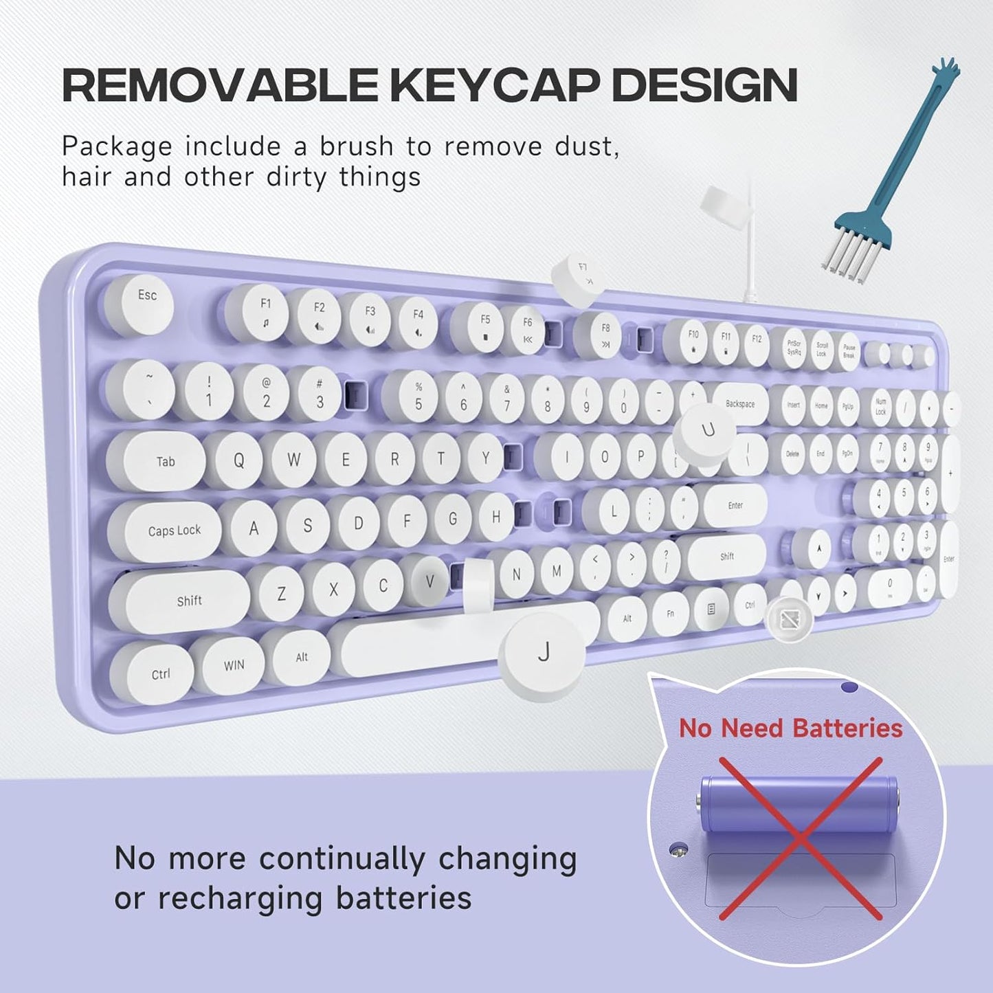 Wired Keyboard, Full-Sized Typewriter Keyboards, USB Plug and Play Office Keyboard with Number Pad, Caps Indicators, Foldable Stands for Windows, PC, Laptop, Desktop (Purple-White)