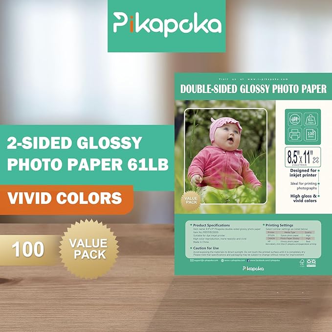 Double Sided Glossy Photo Paper for Inkjet Printer 8.5x11, Thick Glossy Paper for Cardstock 61lb, 100 Sheets
