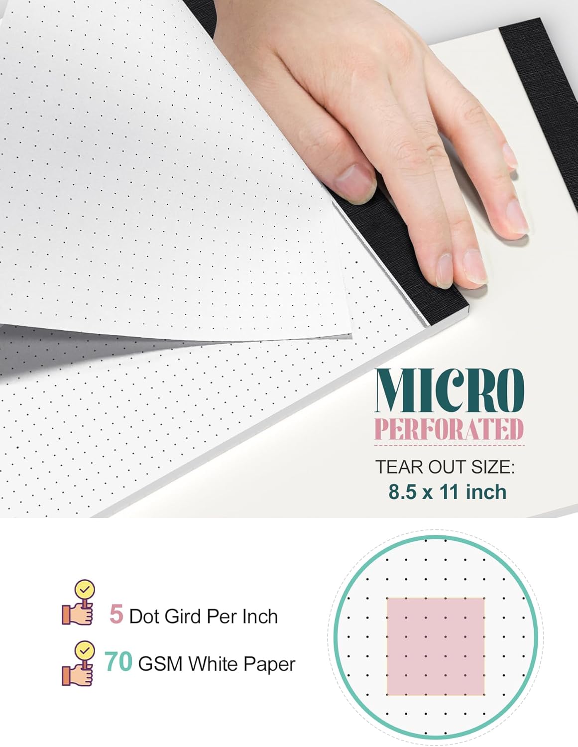 Dot Grid Notepad 8.5 x 11, 2 Pack, 5x5 Dotted Graph Paper 8-1/2 x 11", Dotted Journal Notepad for Sketching Journaling, Micro Perforated, White Thick Paper 1/5" Dots Notes Writing Pad, 30 Sheets/Pad