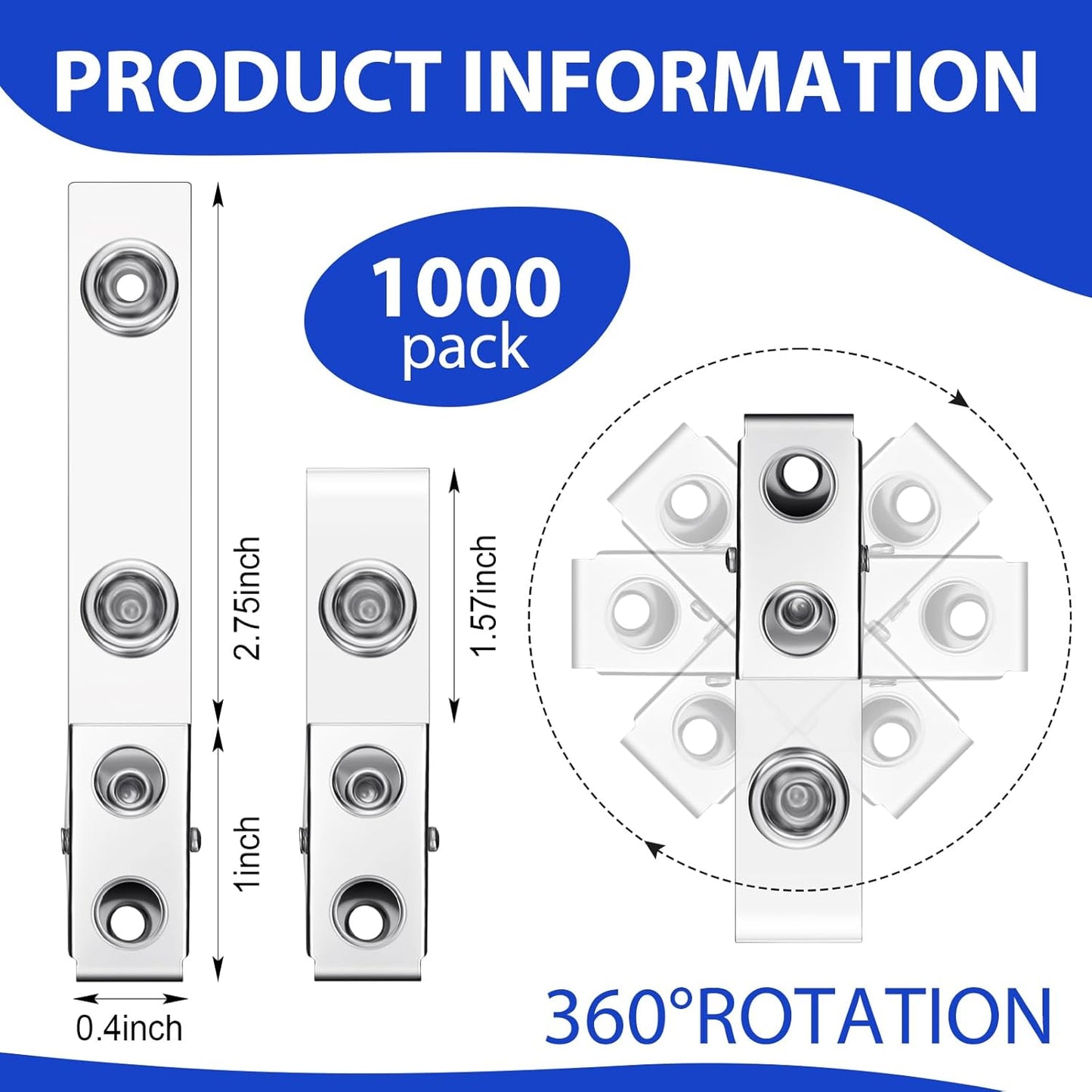 Seajan 1000 Pcs Metal Badge Clips Bulk Double Hole Name Tag Clips with Clear PVC Straps Alligator ID Strap Clips for ID Cards Holders Office School Supplies