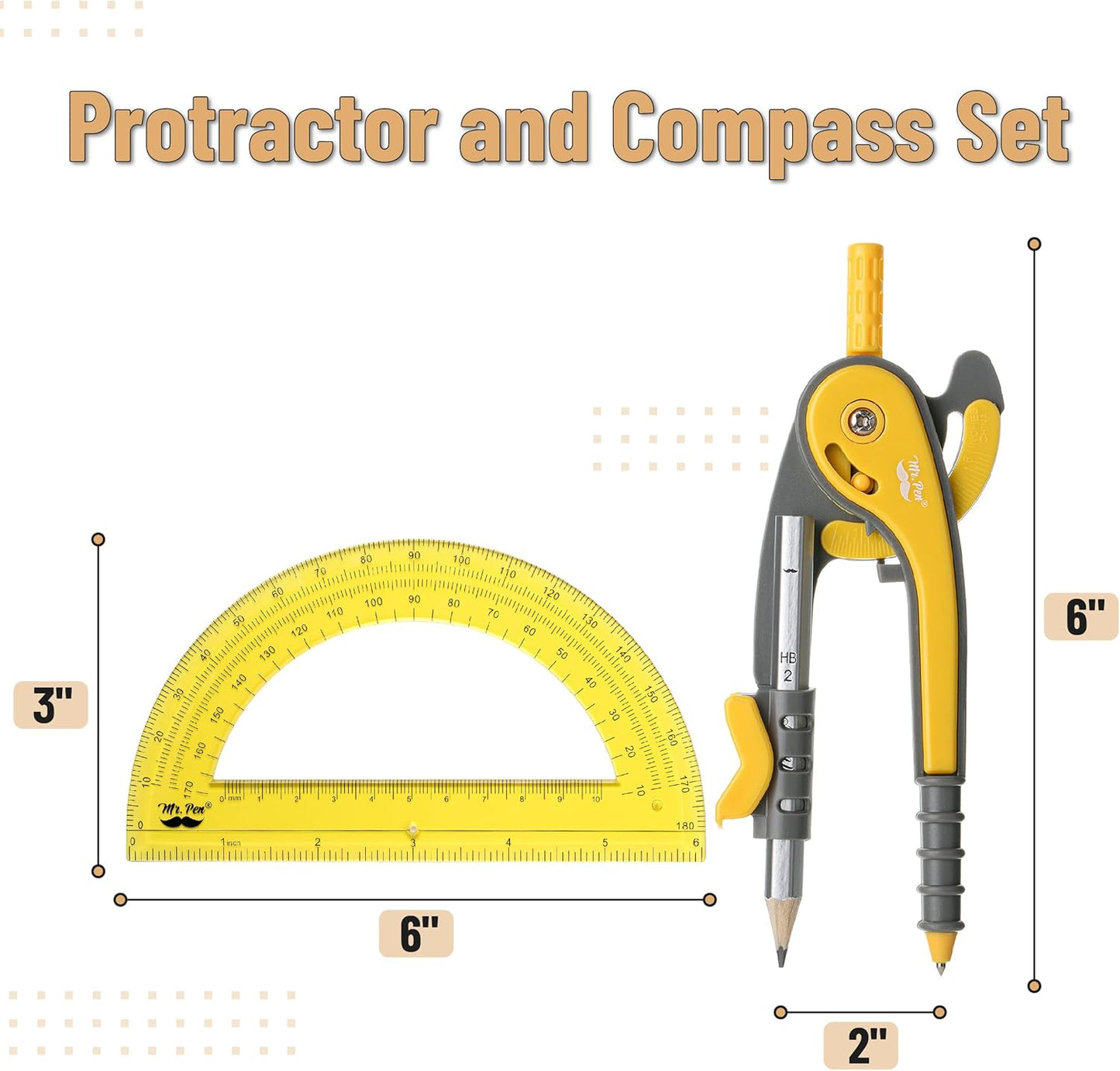 Mr. Pen- Compass and Protractor Set, Yellow, Compass Geometry Tool, Protractor and Compass Set, Compass Drawing Tool, Drawing Compass, Geometry Compass, Math Compass for Geometry